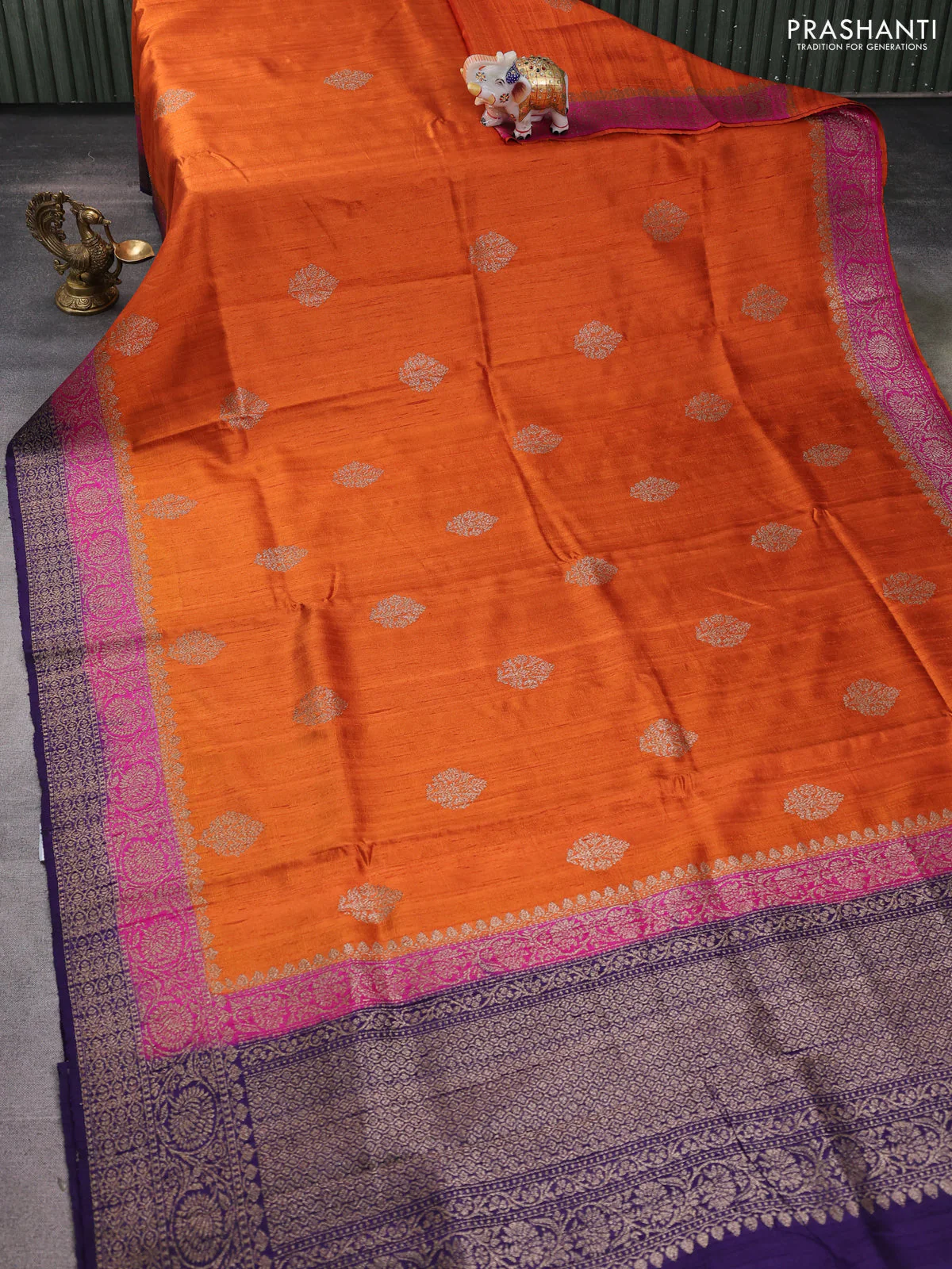 Banarasi raw silk saree rustic orange and pink violet with thread & zari woven buttas and woven border - Image 2