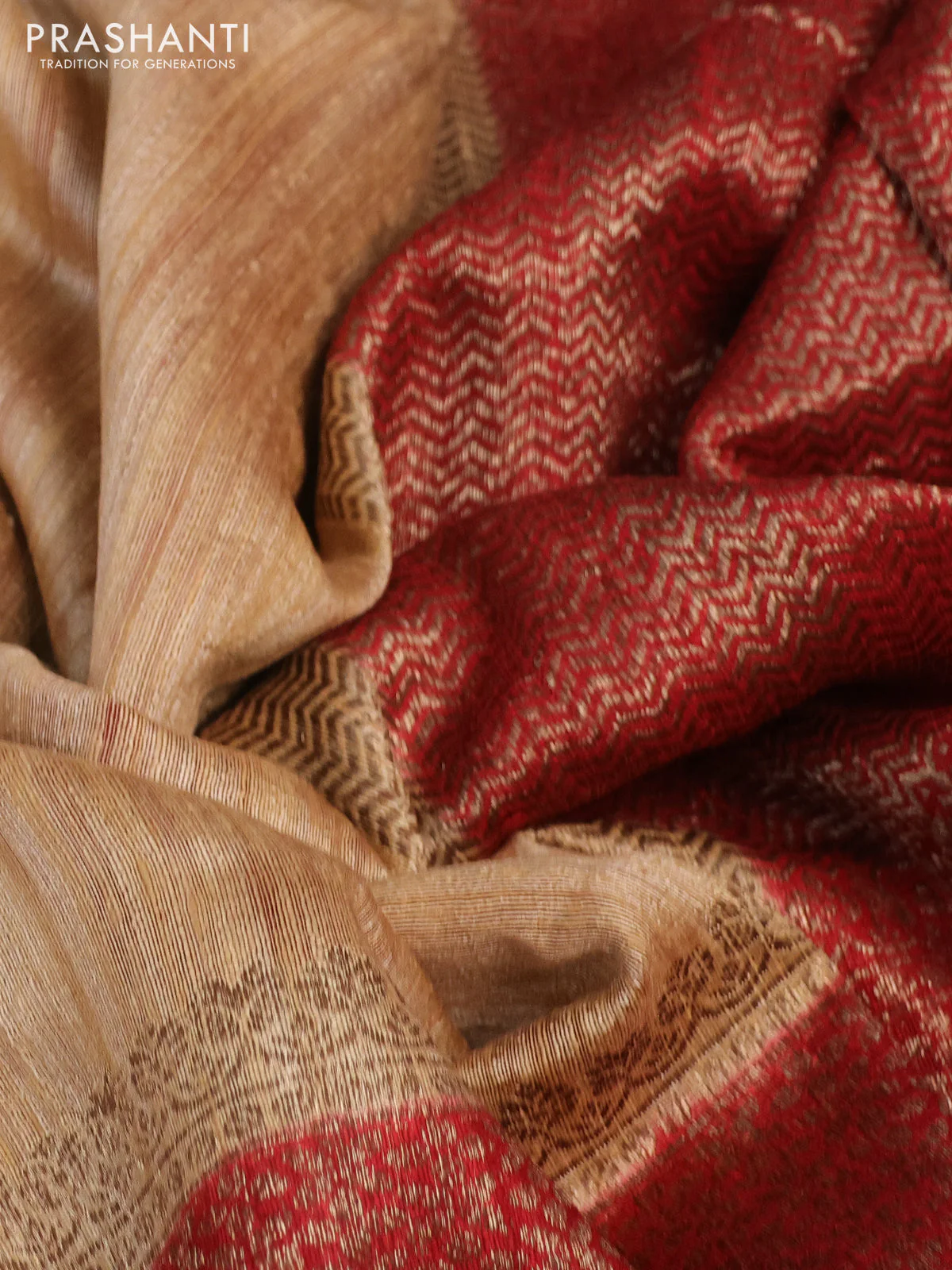 Banarasi raw silk saree sandal and maroon with plain body and long zari woven border - Image 2