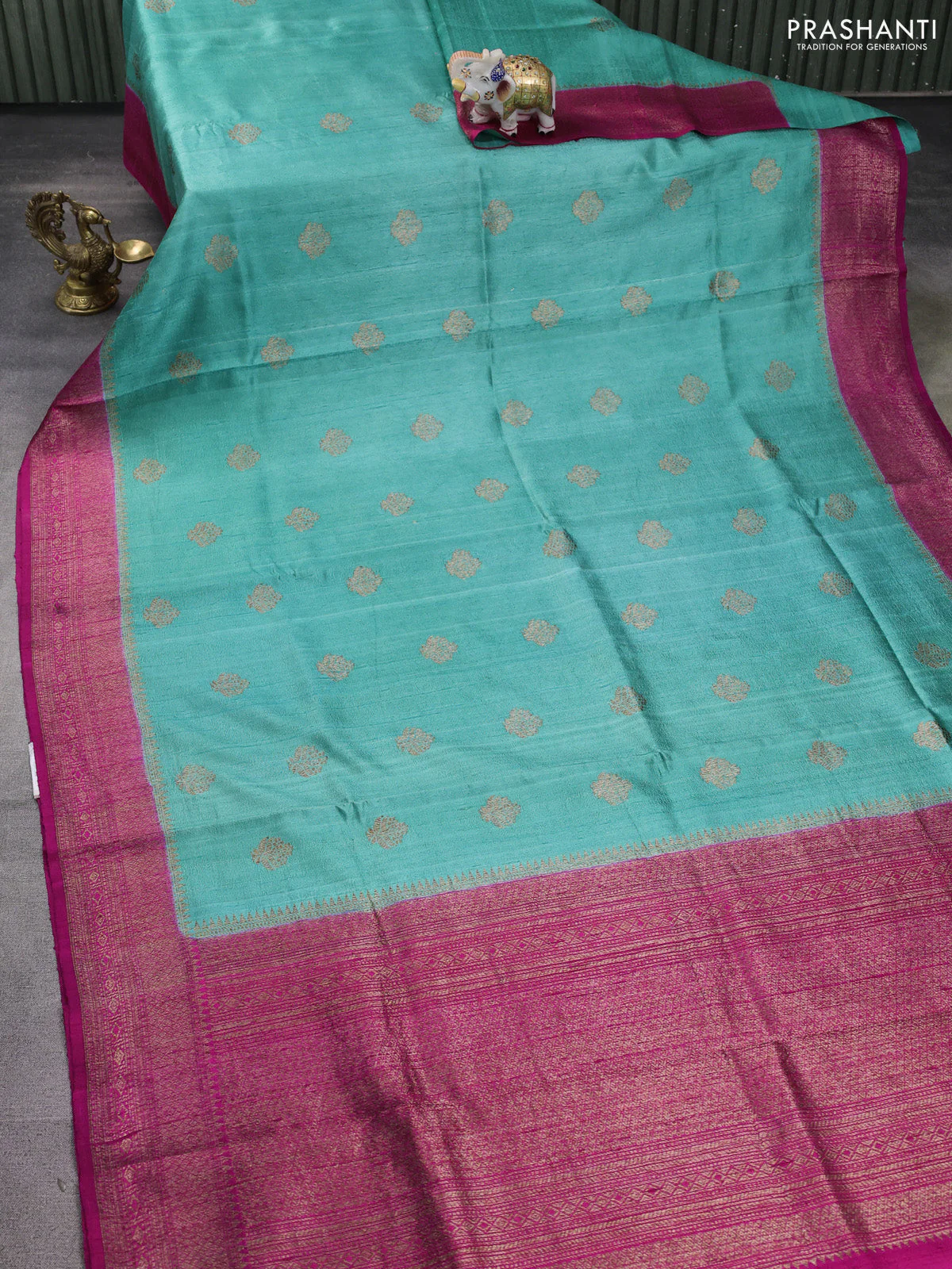 Banarasi raw silk saree teal green and pink with thread & zari woven buttas and woven border - Image 2