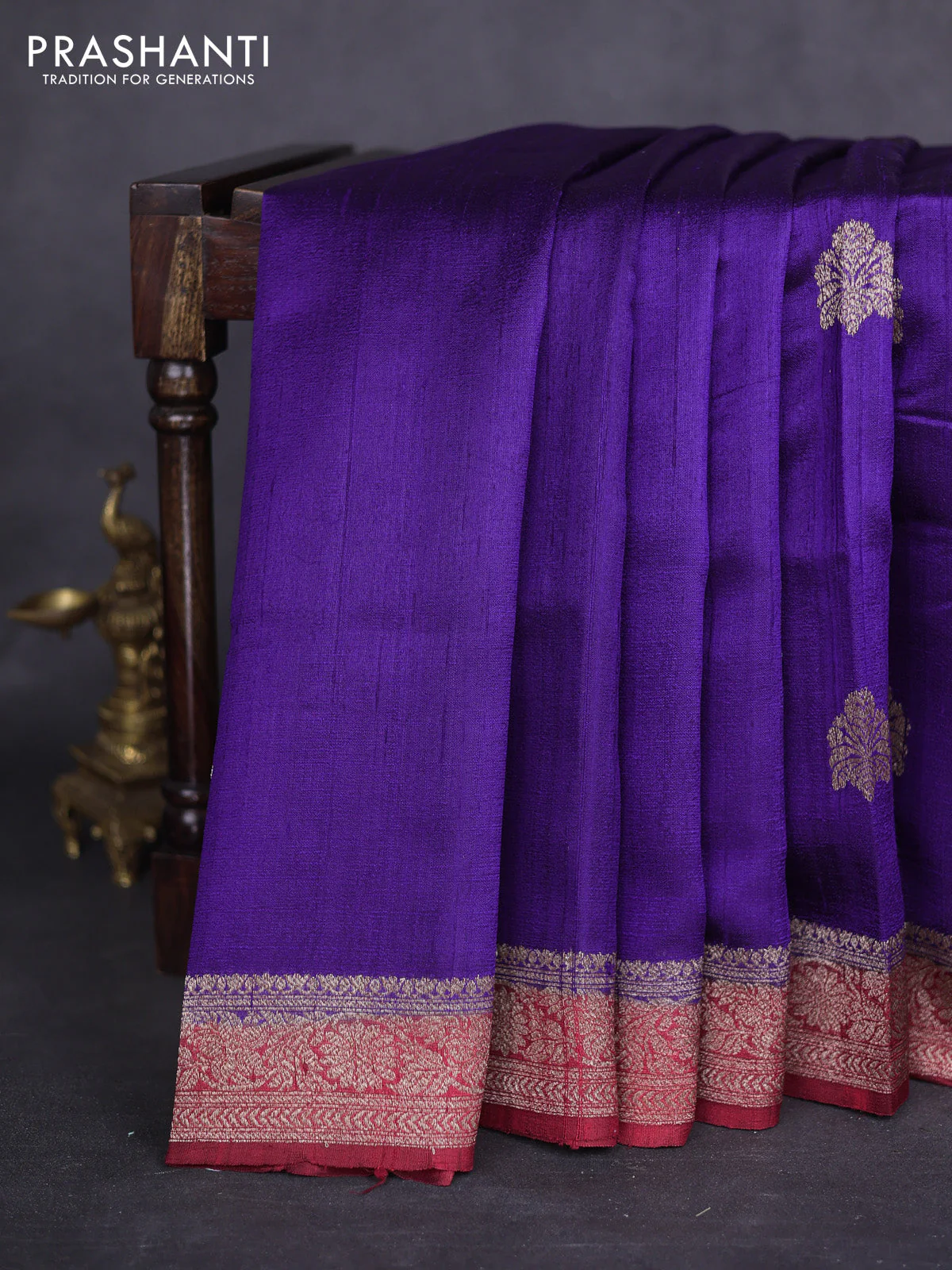 Banarasi raw silk saree violet and maroon with thread & zari woven buttas and woven border