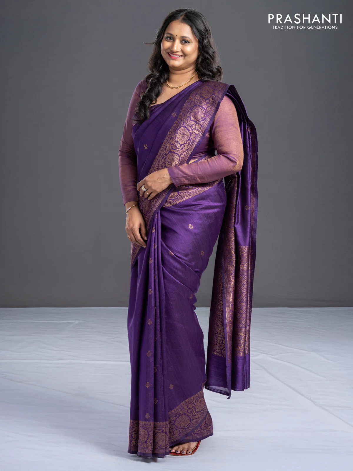 Banarasi raw silk saree violet and pink with woven buttas and woven border - Image 2