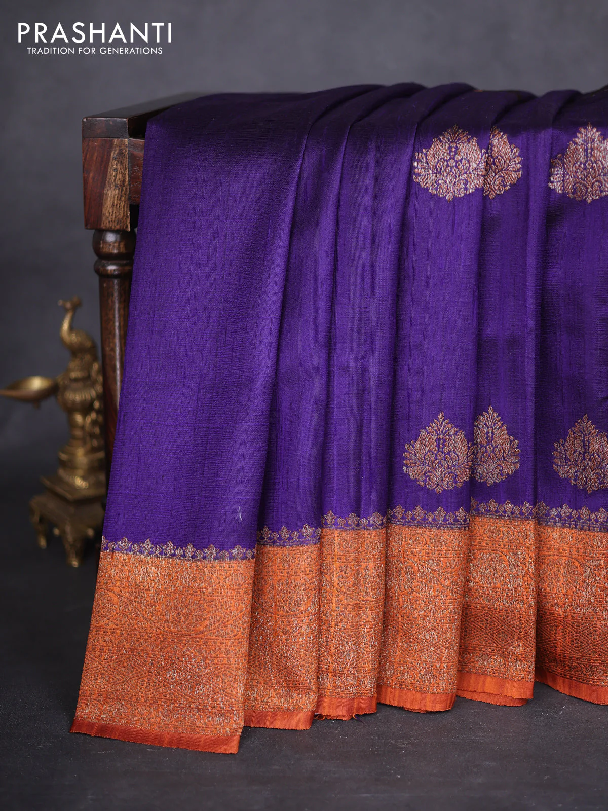 Banarasi raw silk saree violet and rust shade with thread & zari woven buttas and woven border