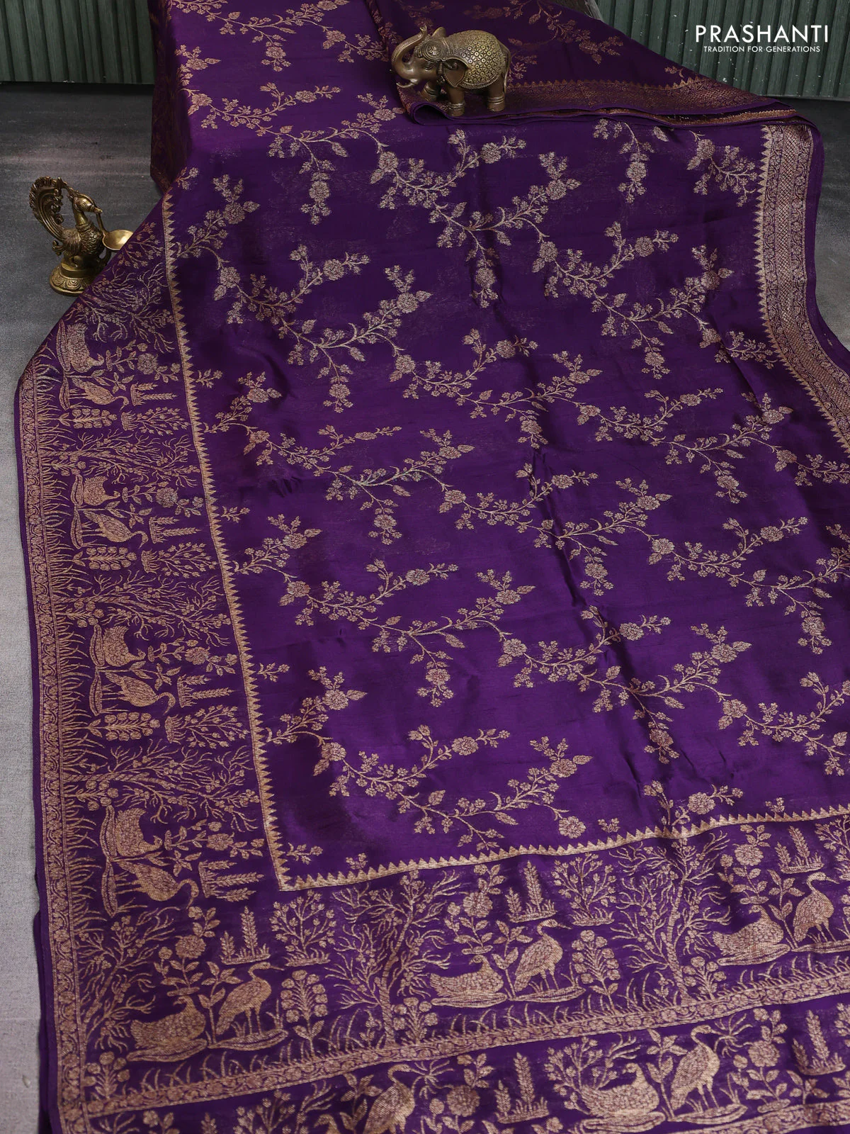 Banarasi raw silk saree violet with allover thread & zari weaves and long woven border - Image 2