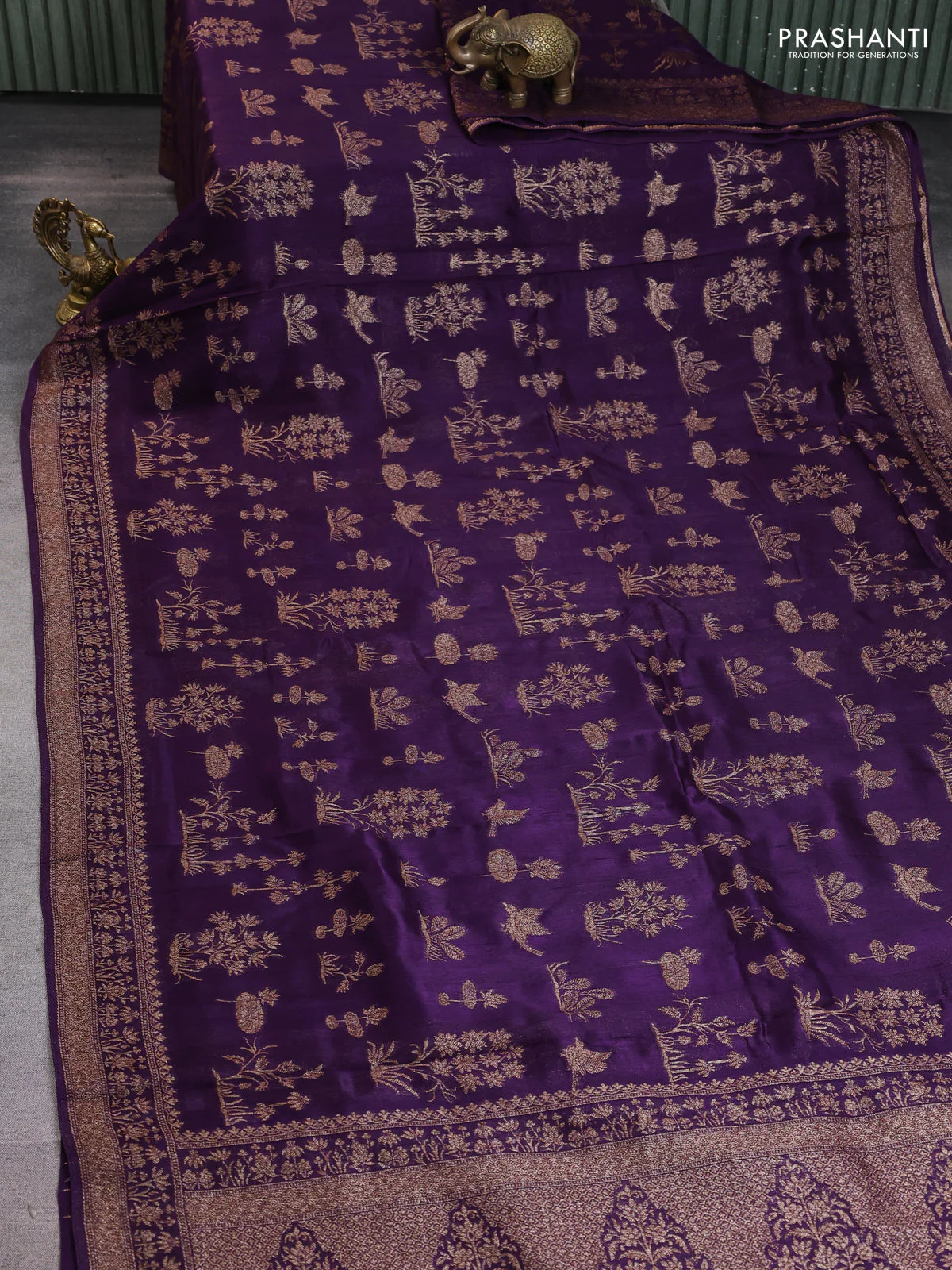 Banarasi raw silk saree violet with allover thread & zari weaves and woven border - Image 2