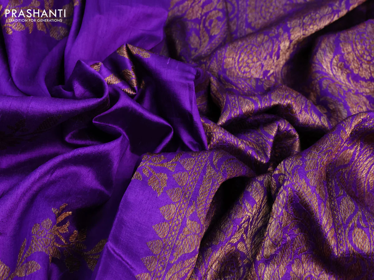 Banarasi raw silk saree violet with allover thread & zari weaves in borderless style - Image 12