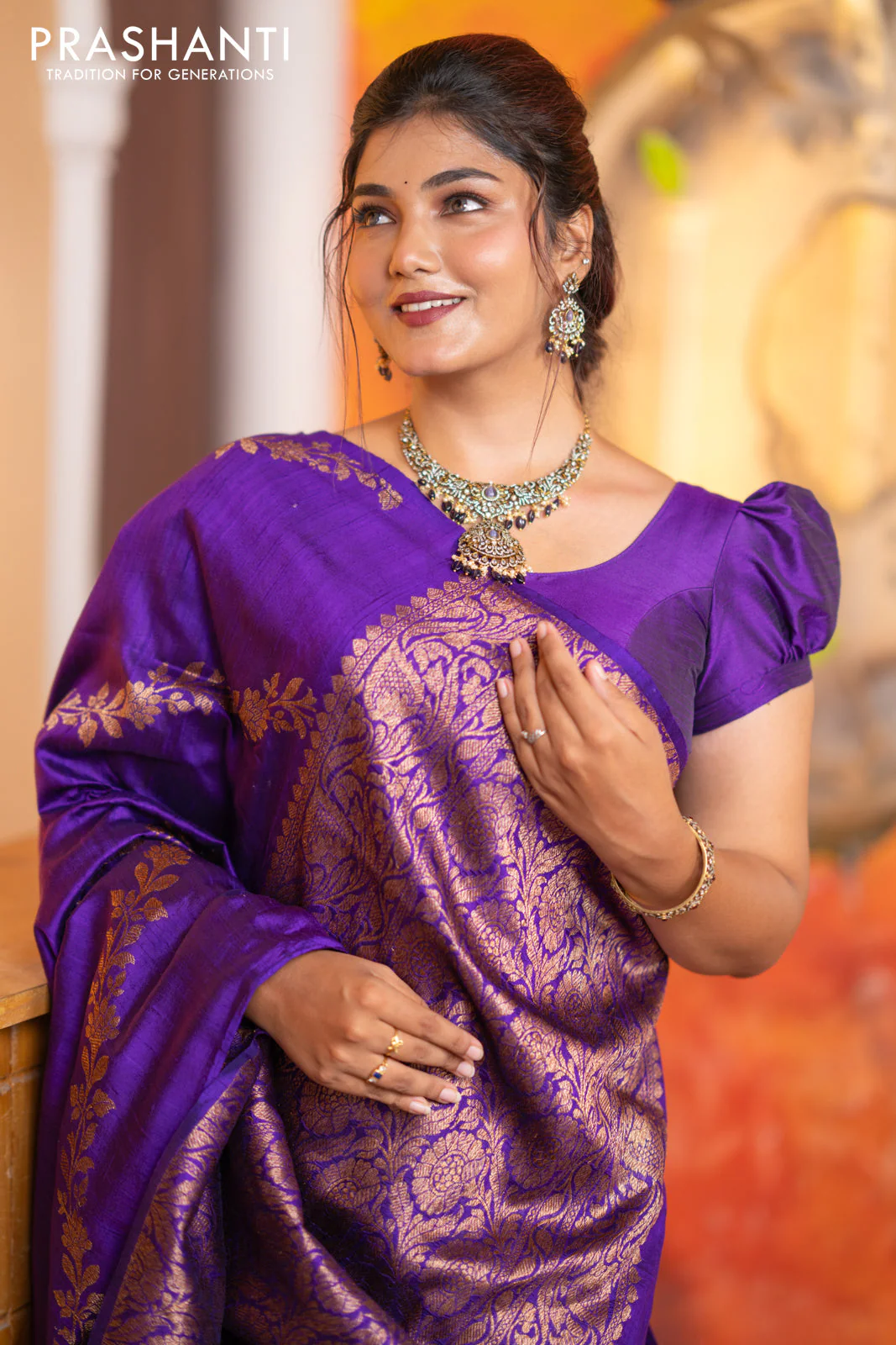 Banarasi raw silk saree violet with allover thread & zari weaves in borderless style - Image 7