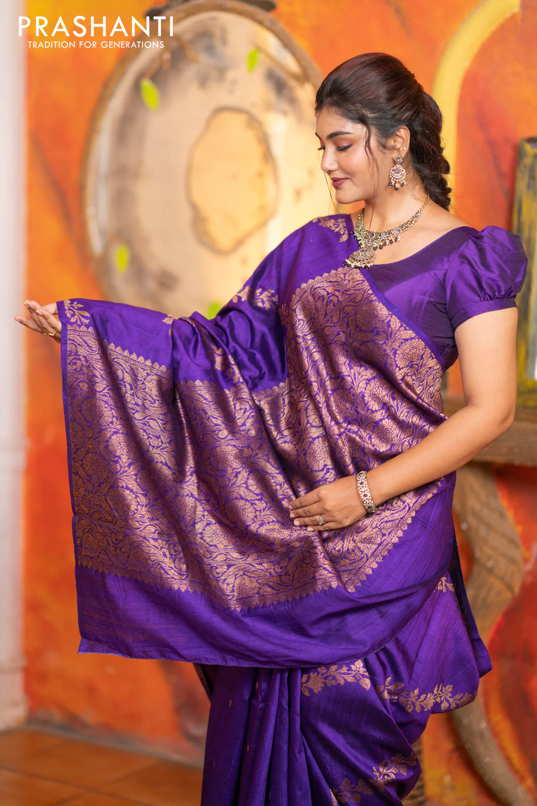 Banarasi raw silk saree violet with allover thread & zari weaves in borderless style - Image 8