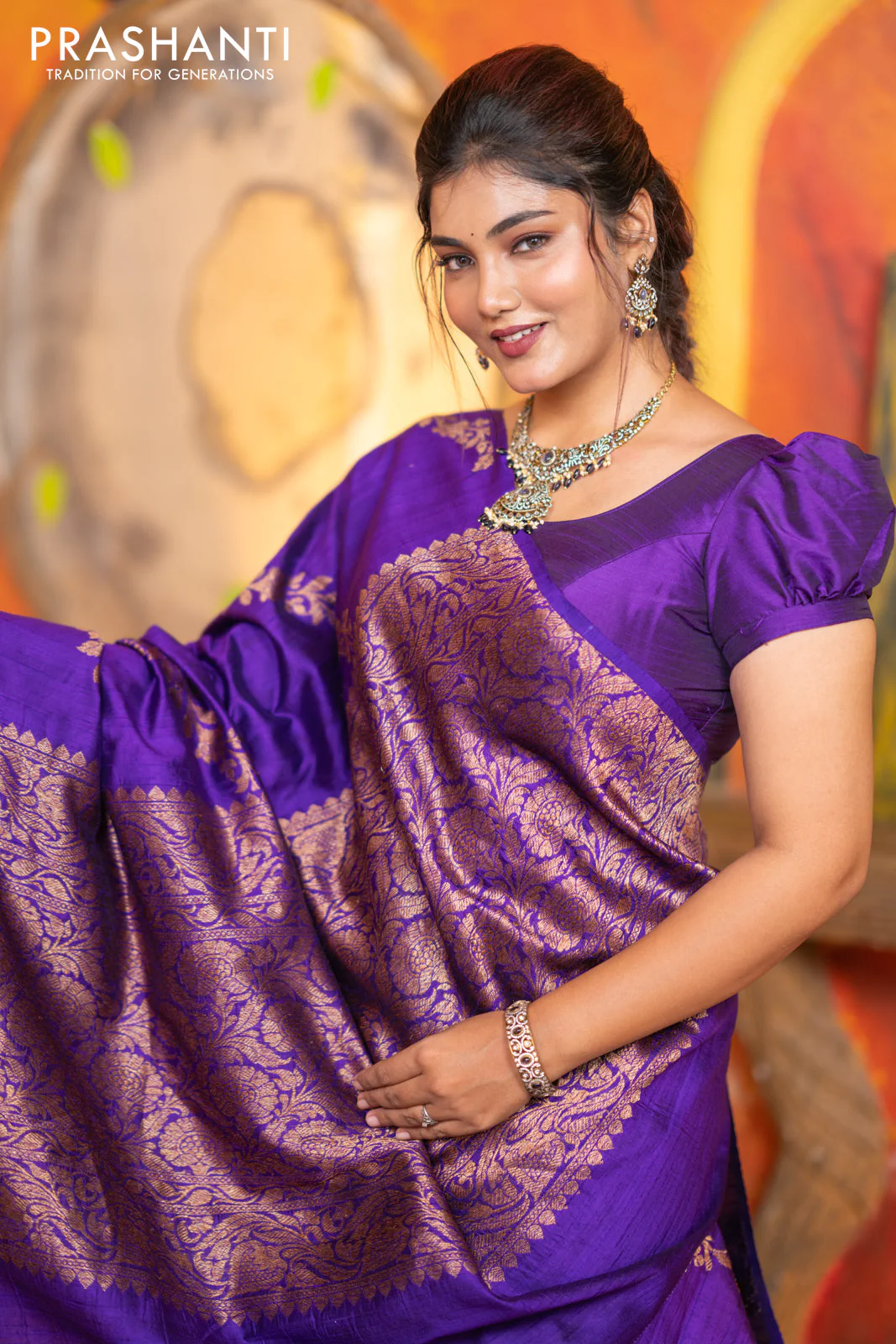 Banarasi raw silk saree violet with allover thread & zari weaves in borderless style - Image 9