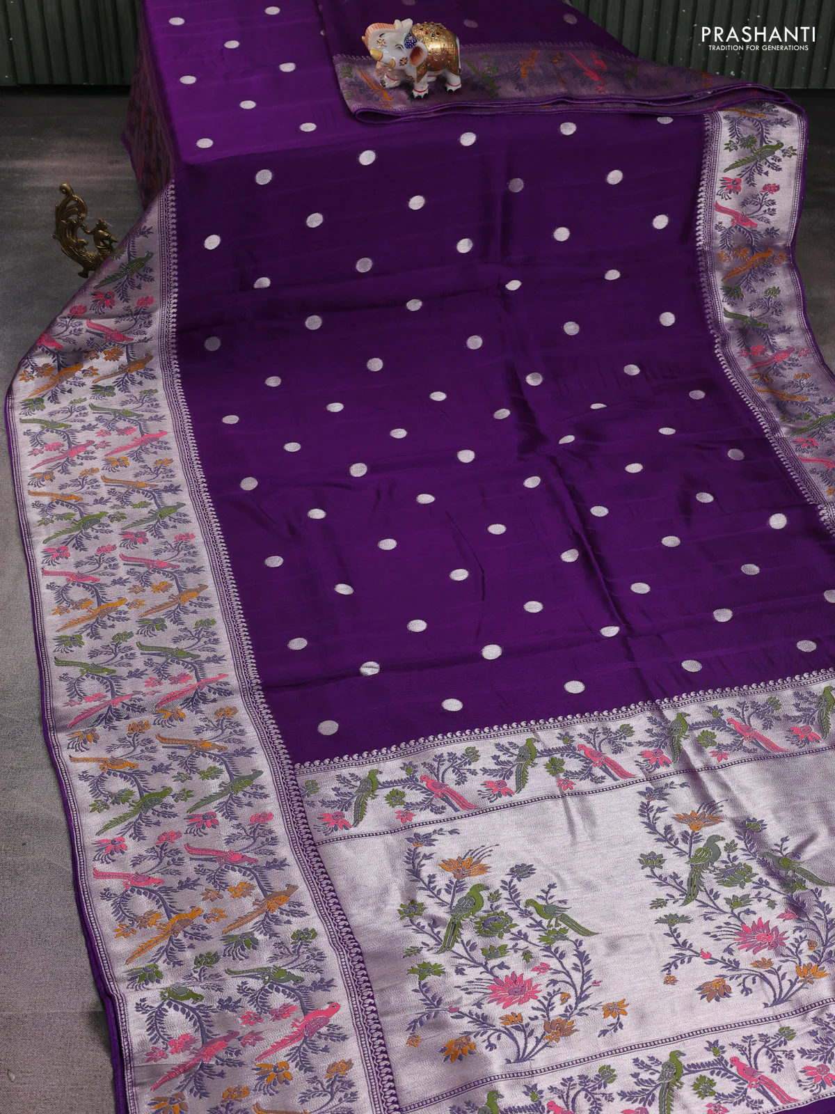Banarasi raw silk saree violet with silver zari woven buttas and zari woven paithani style border - Image 2