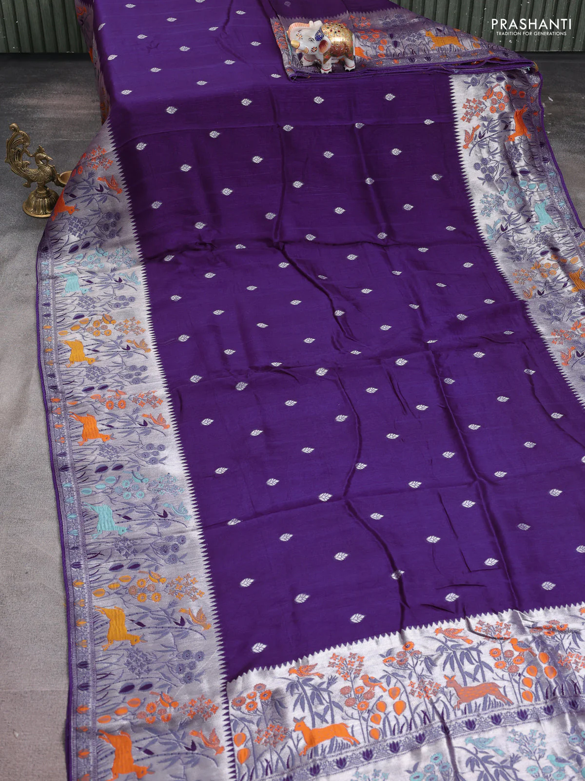 Banarasi raw silk saree violet with silver zari woven buttas and zari woven paithani style border - Image 2