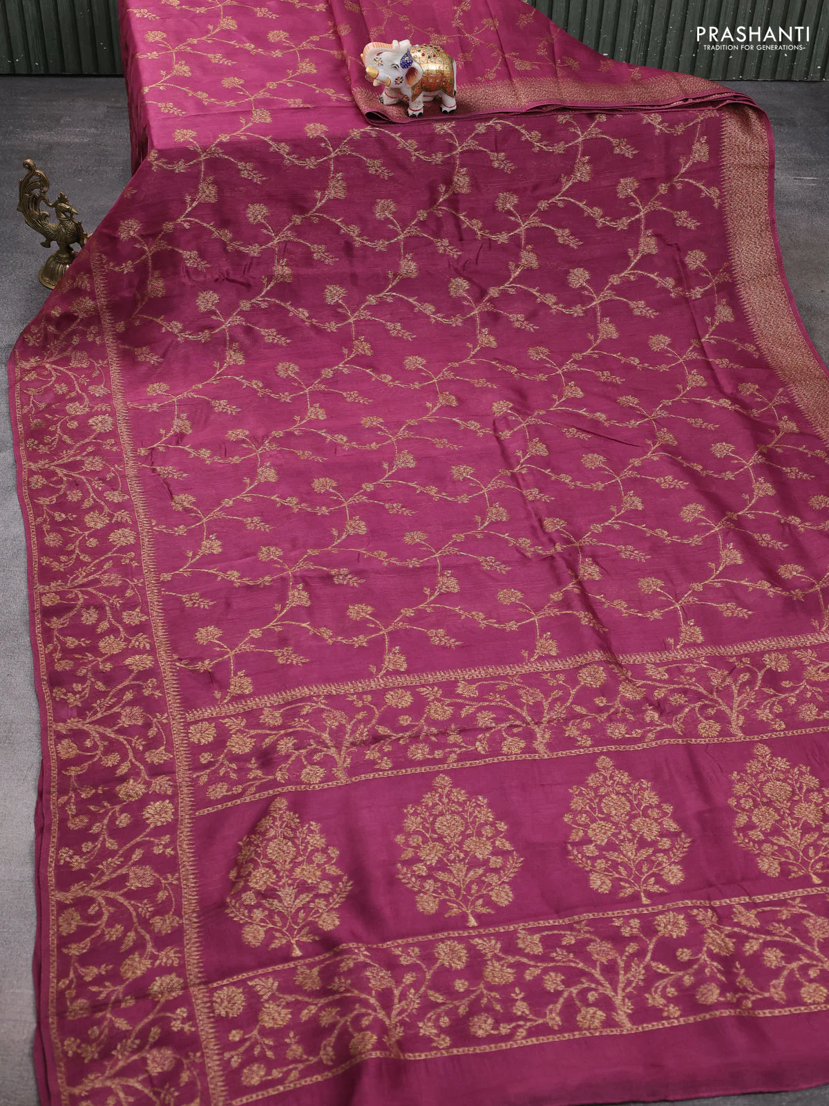 Banarasi raw silk saree wine shade with allover thread & zari weaves and long woven border - Image 2