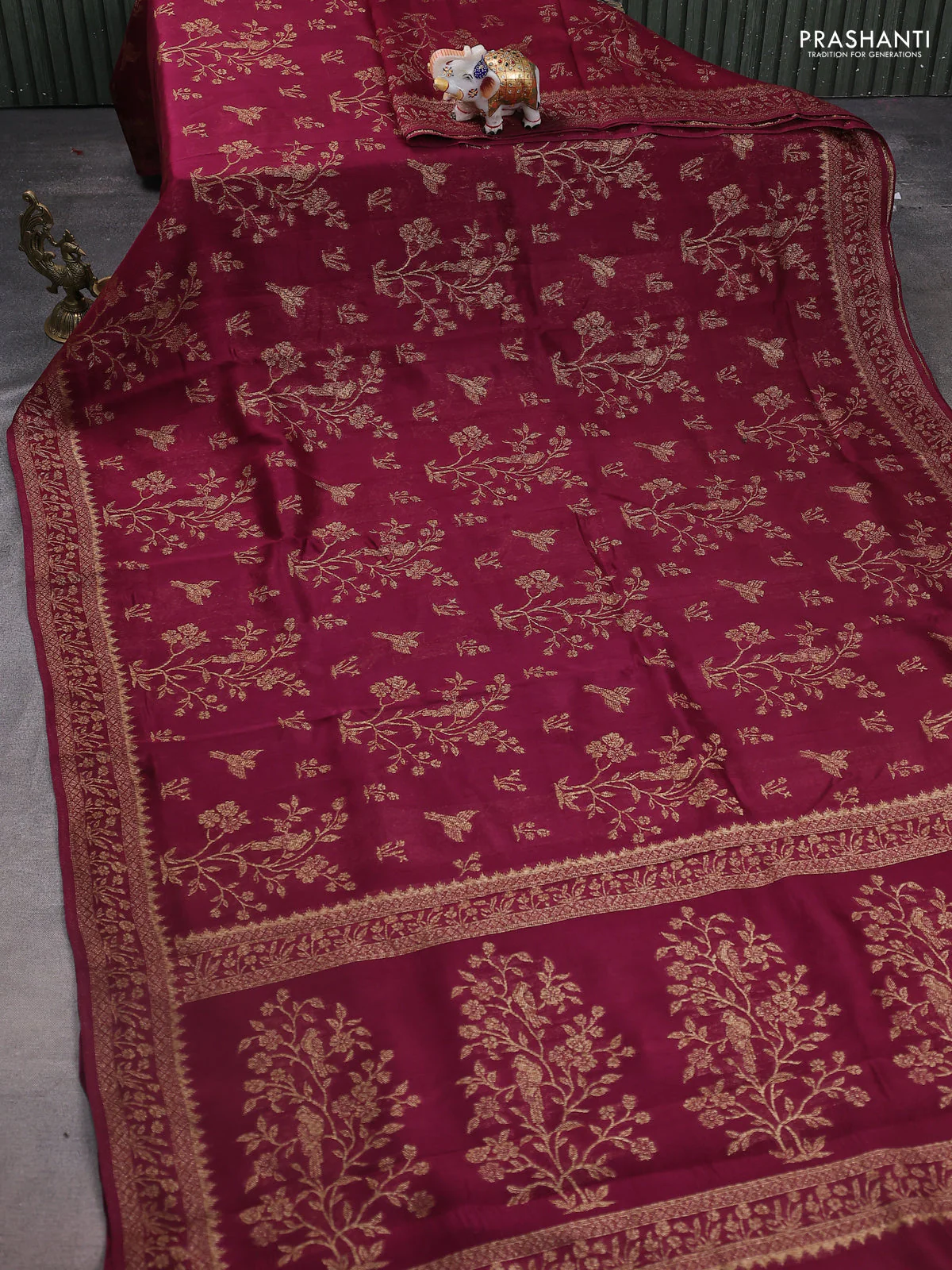 Banarasi raw silk saree wine shade with allover thread & zari weaves and woven border - Image 2