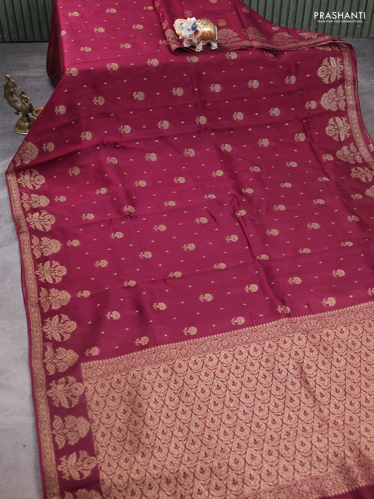 Banarasi raw silk saree wine shade with thread & zari woven buttas and floral design woven border - Image 2