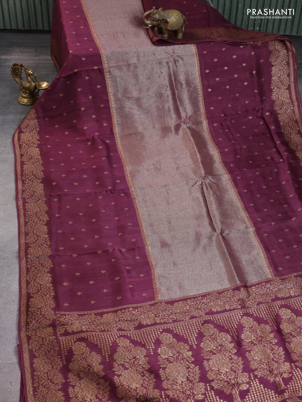 Banarasi raw silk saree wine shade with zari weaves & buttas and floral design woven border - Image 2