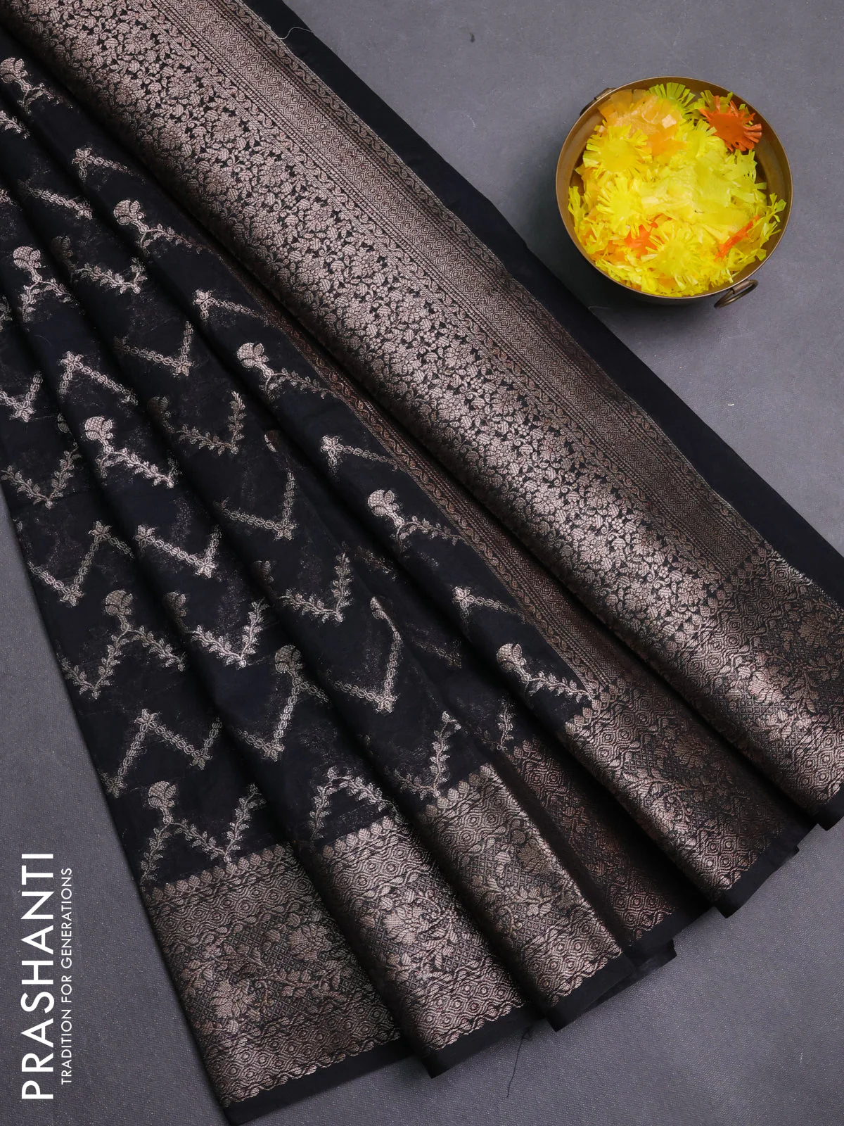 Banarasi semi chiniya saree black with allover thread & zari weaves and woven border