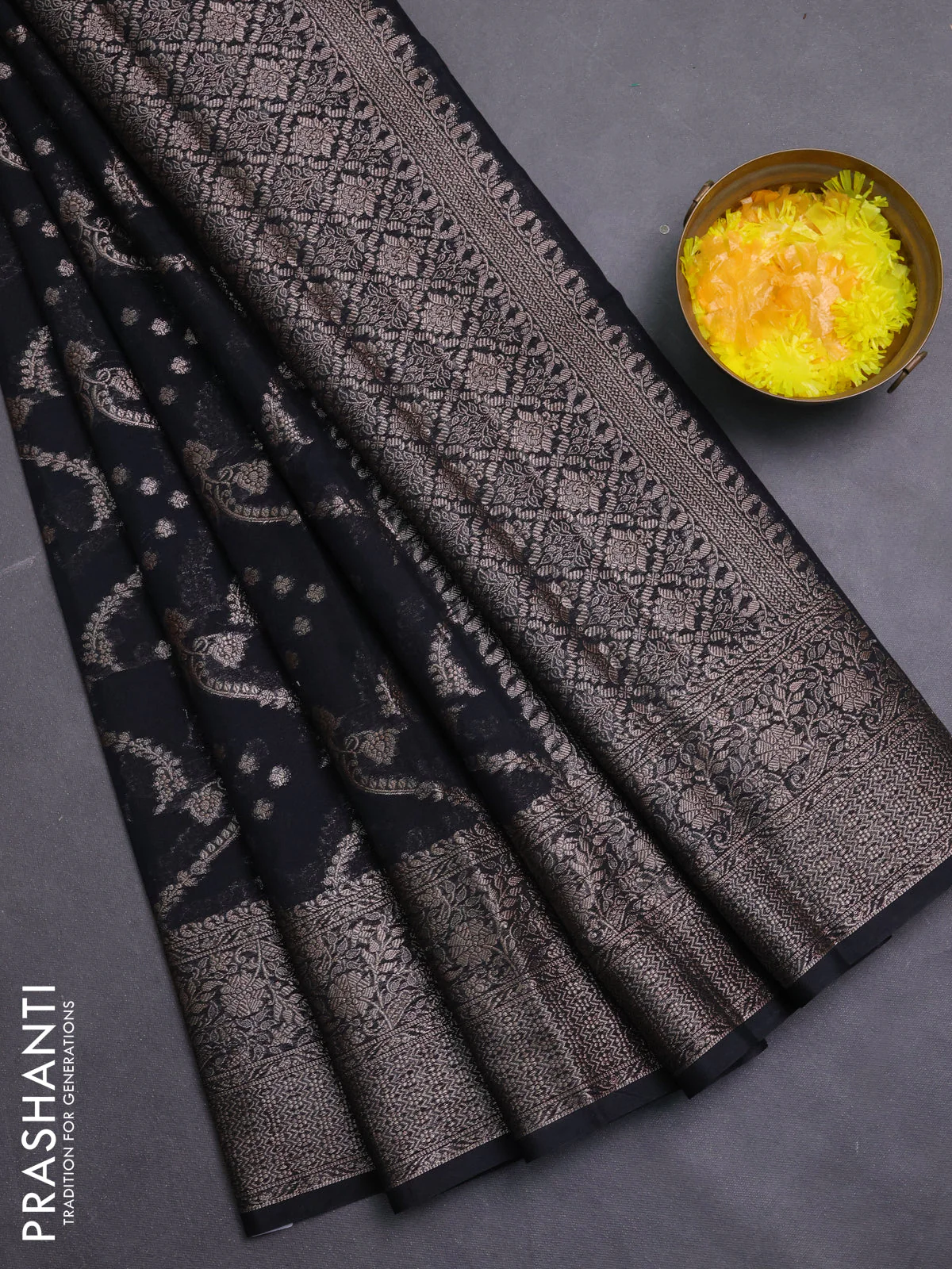 Banarasi semi chiniya saree black with allover thread & zari weaves and woven border