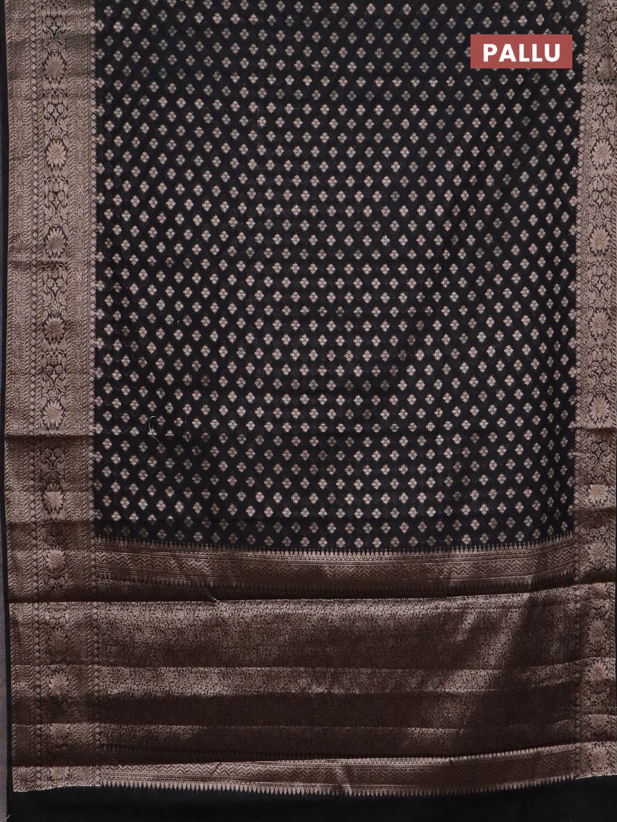 Banarasi semi chiniya saree black with allover thread & zari woven buttas and woven border - Image 3