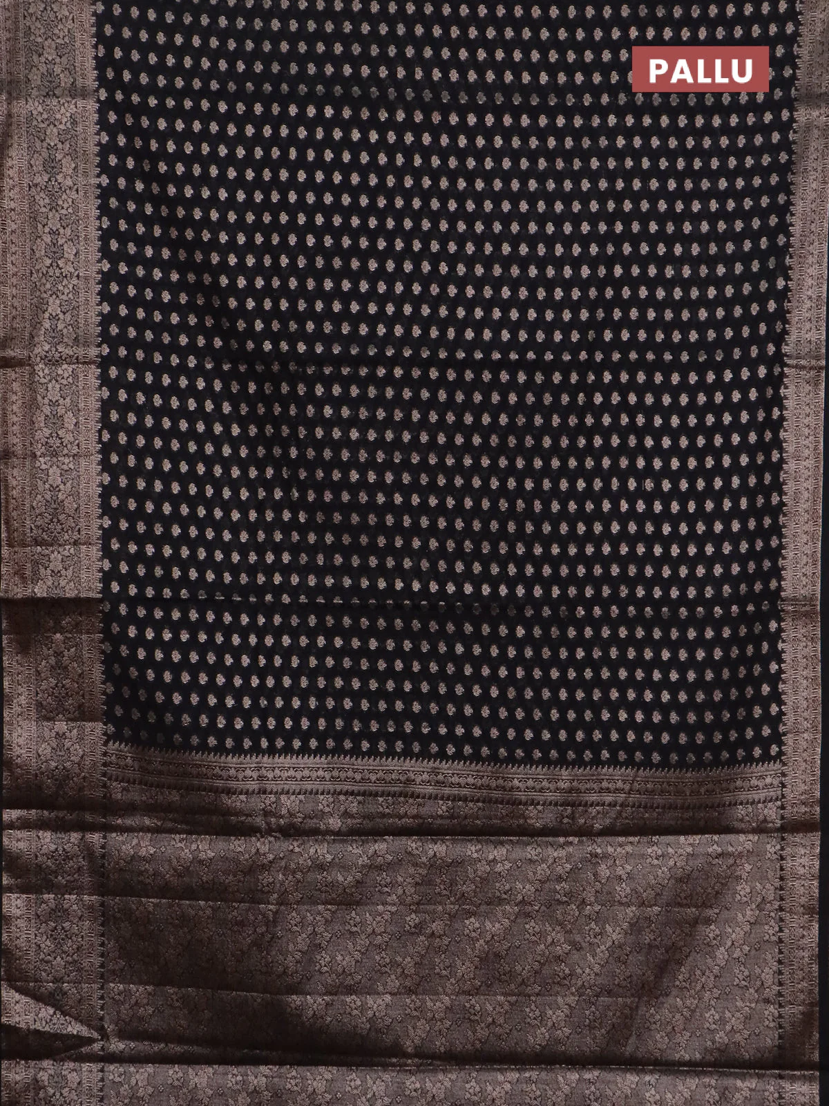 Banarasi semi chiniya saree black with allover thread & zari woven buttas and woven border - Image 3