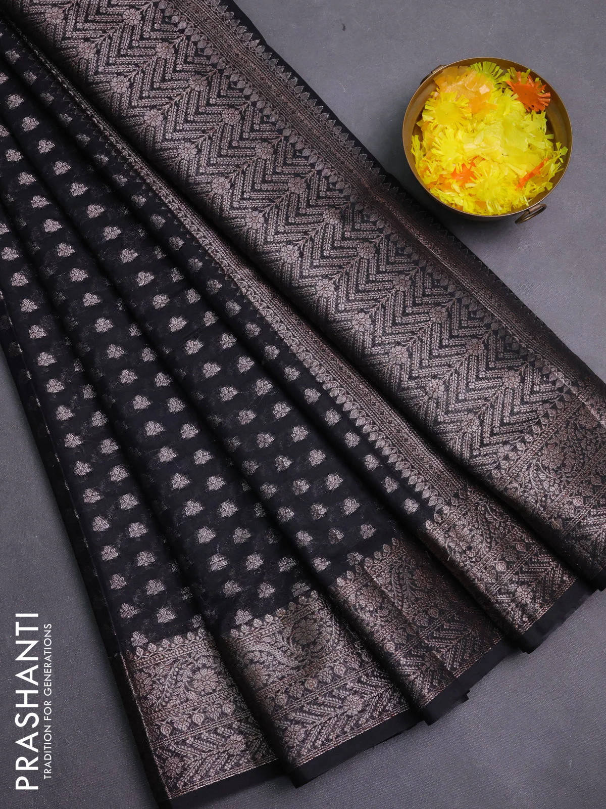 Banarasi semi chiniya saree black with allover thread & zari woven buttas and woven border