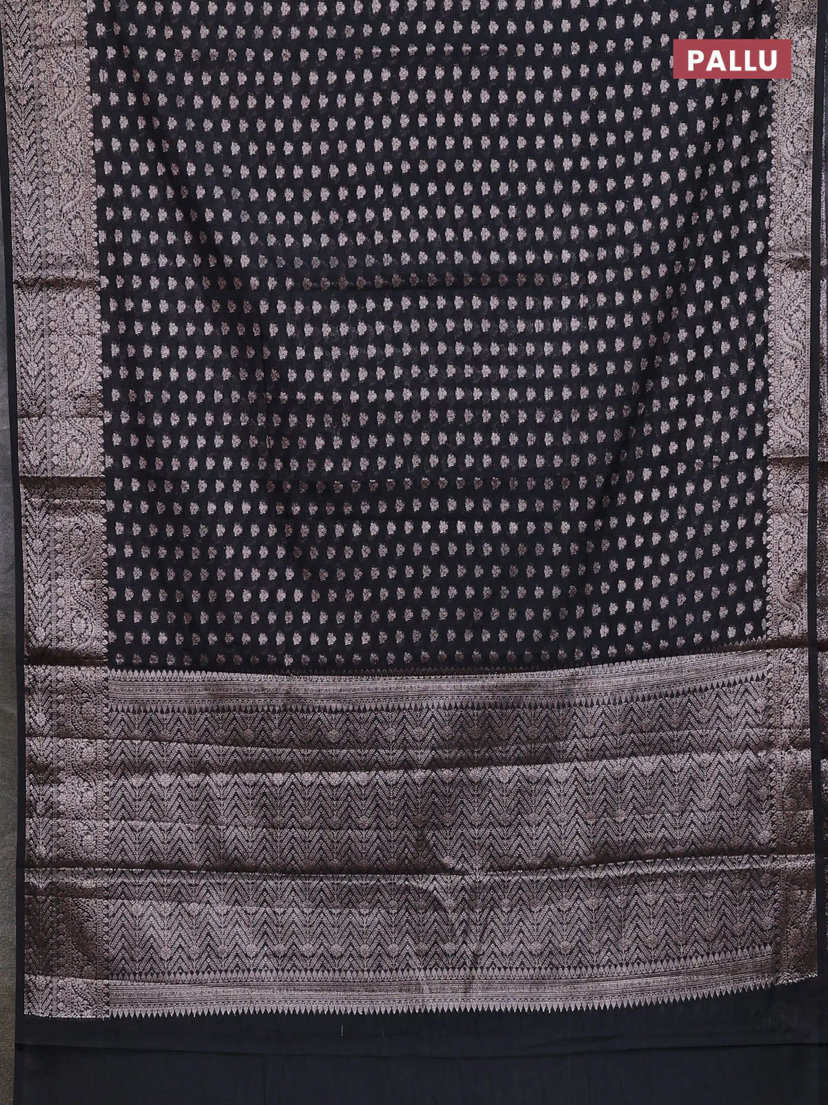 Banarasi semi chiniya saree black with allover thread & zari woven buttas and woven border - Image 3