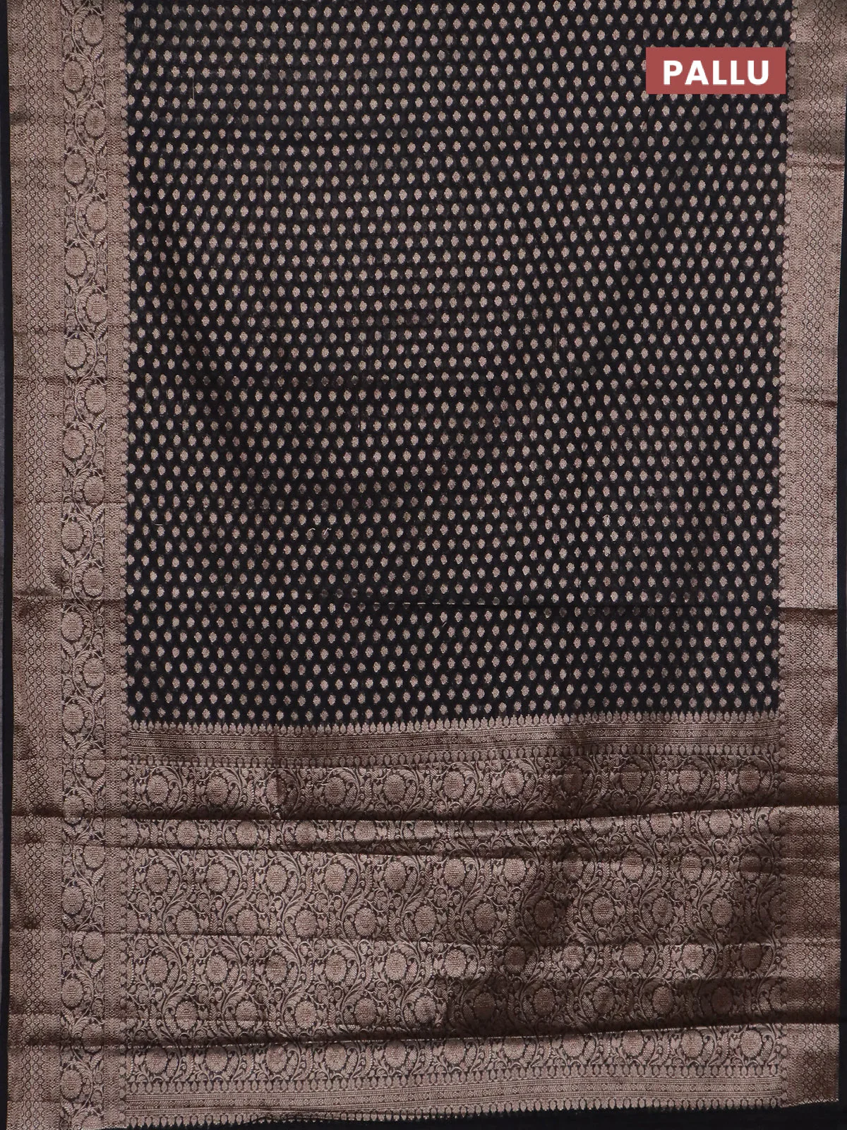Banarasi semi chiniya saree black with allover thread & zari woven buttas and woven border - Image 3