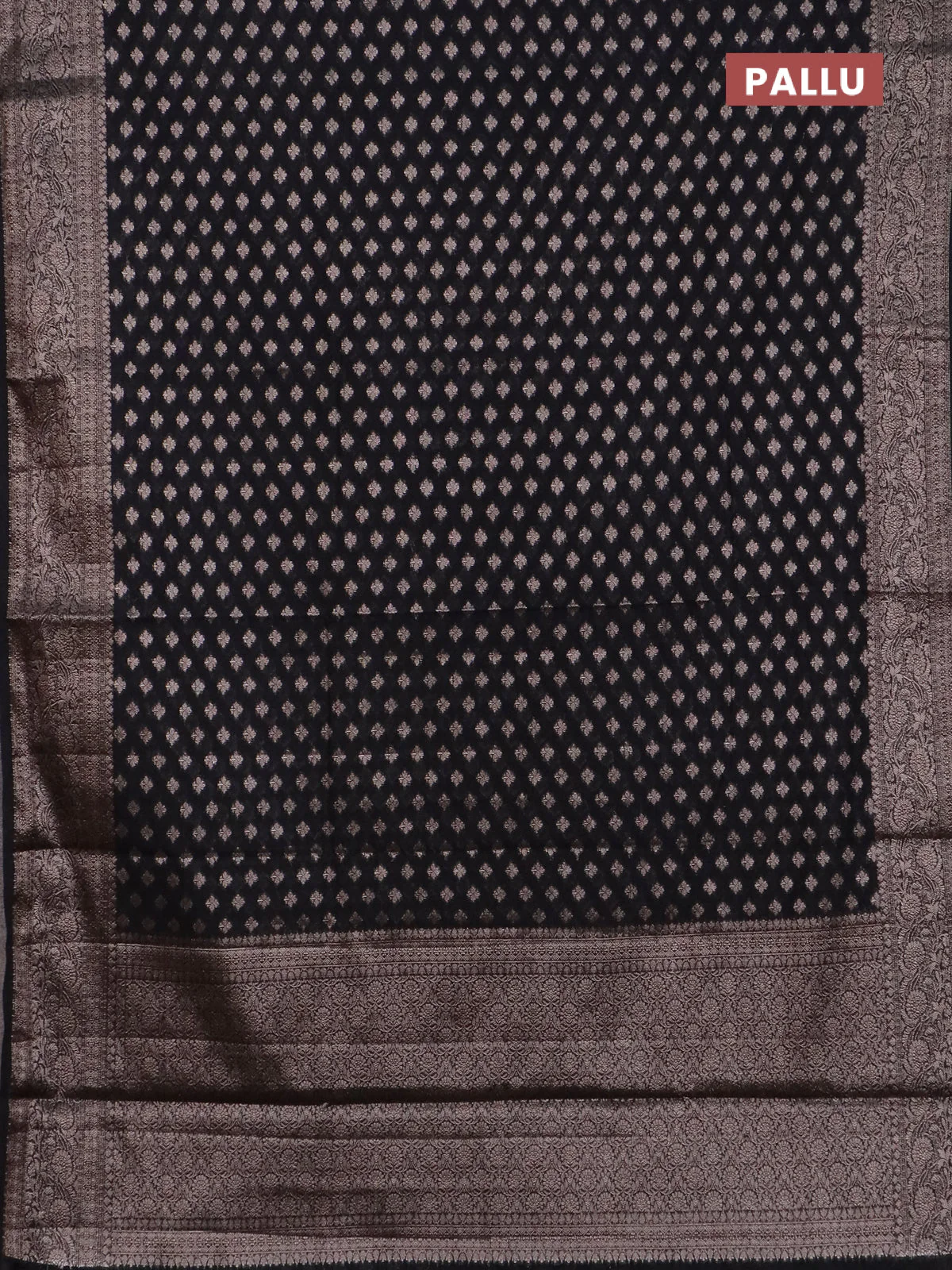 Banarasi semi chiniya saree black with allover thread & zari woven buttas and woven border - Image 3