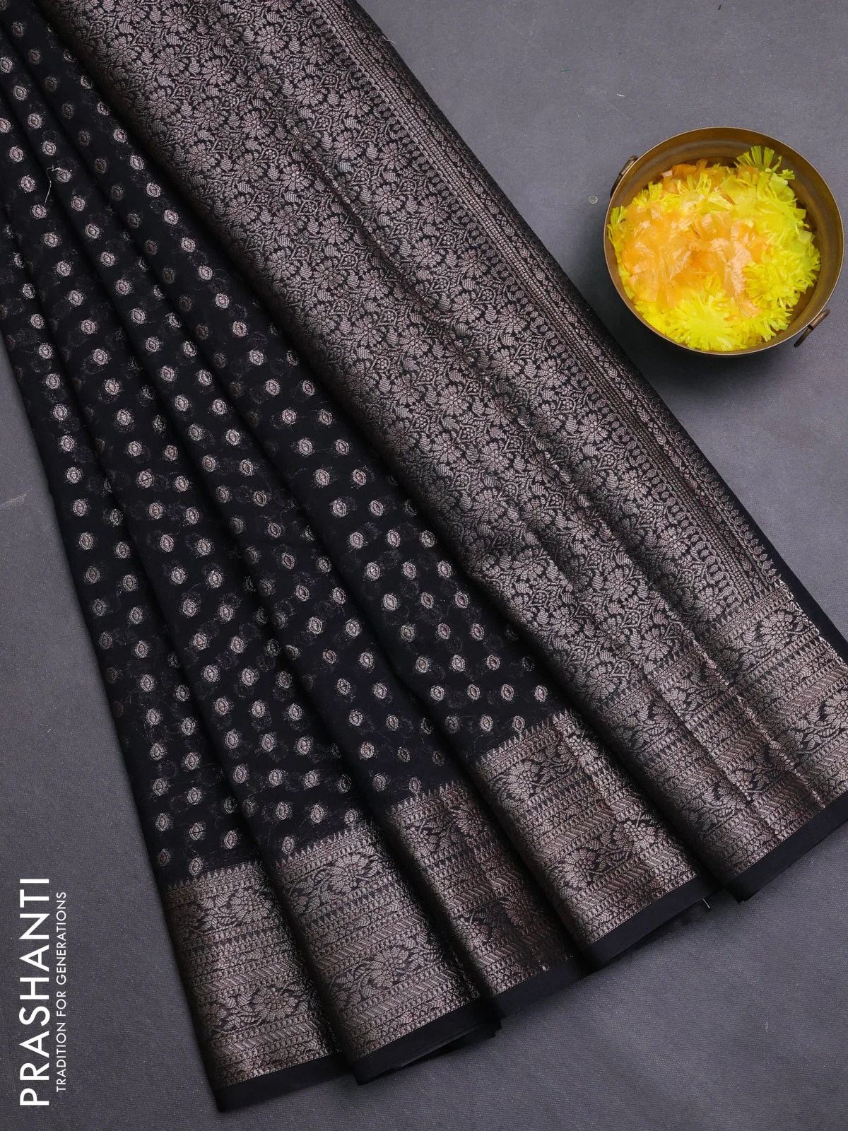 Banarasi semi chiniya saree black with allover thread & zari woven buttas and woven border