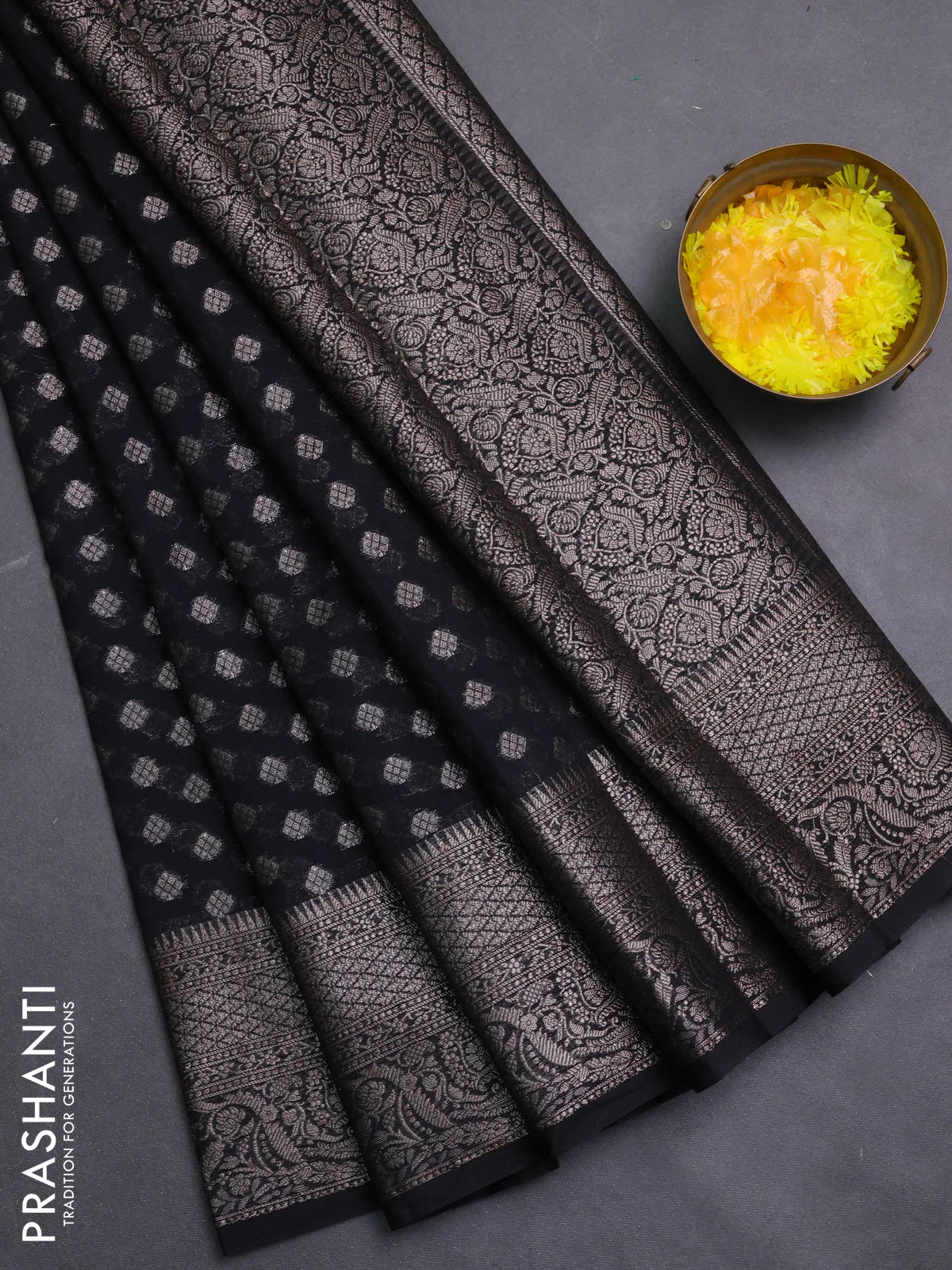 Banarasi semi chiniya saree black with allover thread & zari woven buttas and woven border