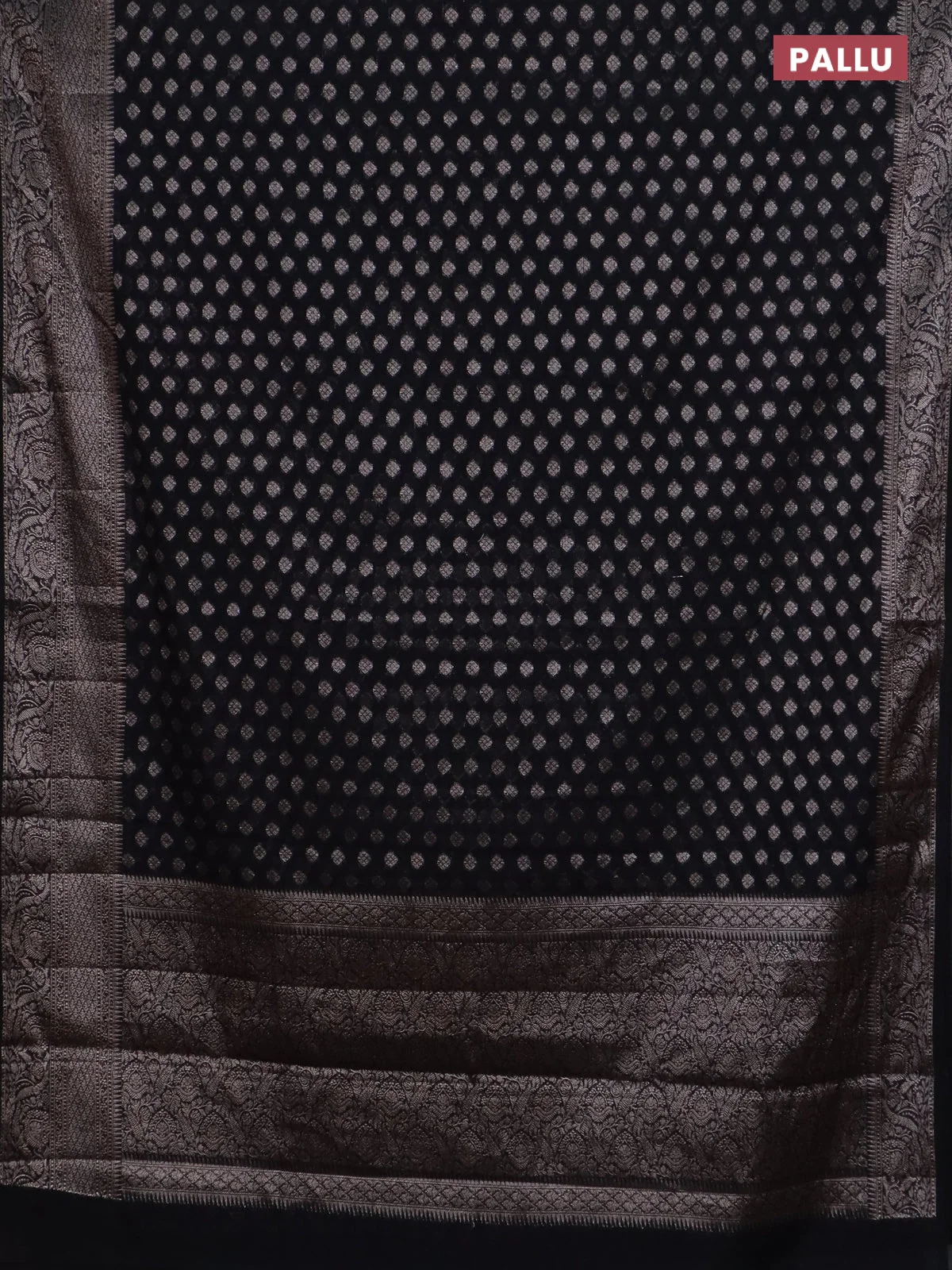 Banarasi semi chiniya saree black with allover thread & zari woven buttas and woven border - Image 3