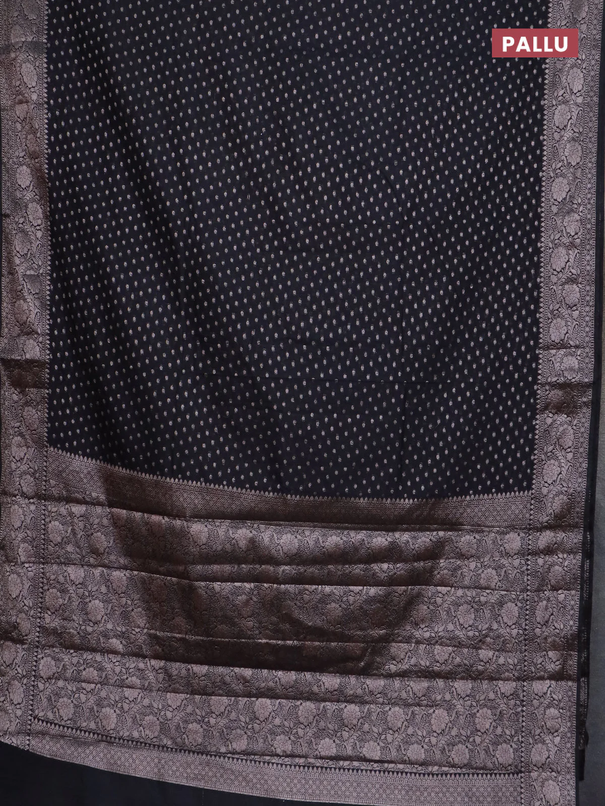 Banarasi semi chiniya saree black with allover thread & zari woven buttas and woven border - Image 3