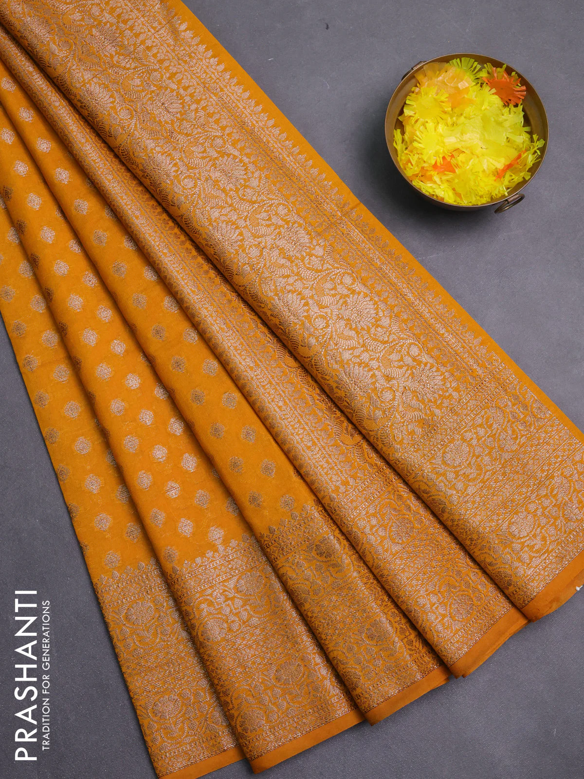 Banarasi semi chiniya saree dark mustard with allover thread & zari woven buttas and woven border
