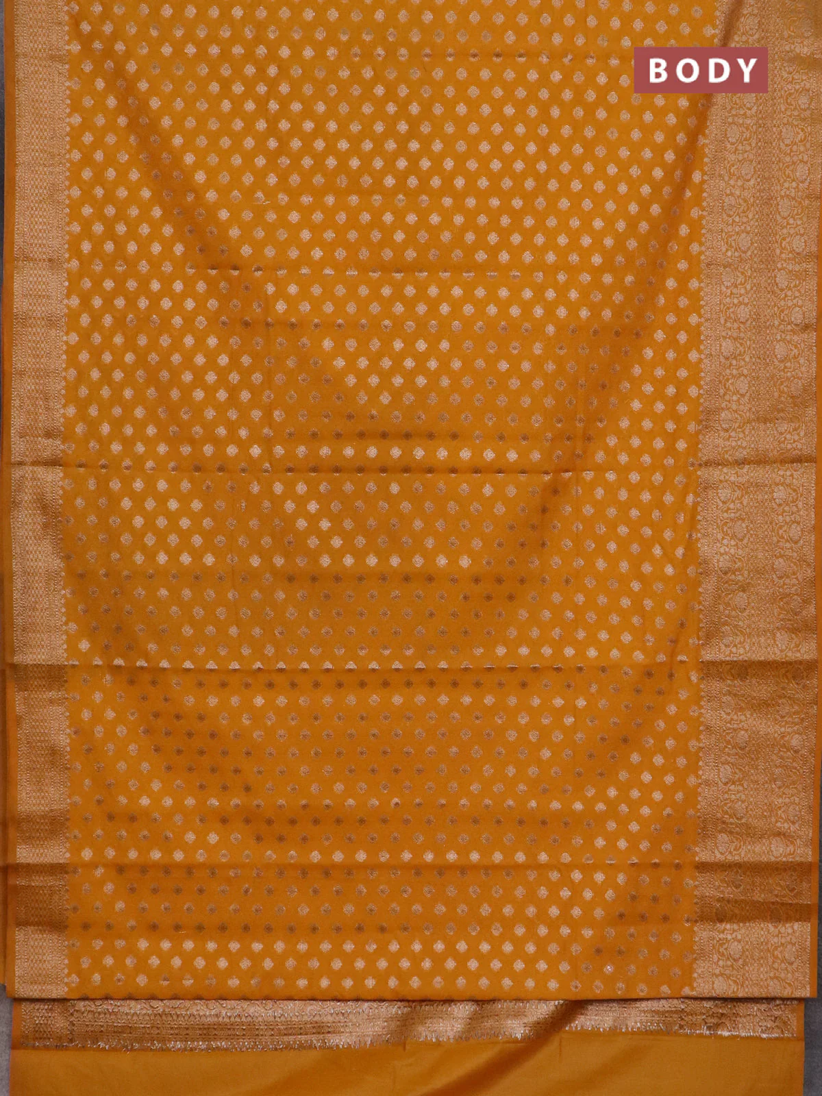 Banarasi semi chiniya saree dark mustard with allover thread & zari woven buttas and woven border - Image 2