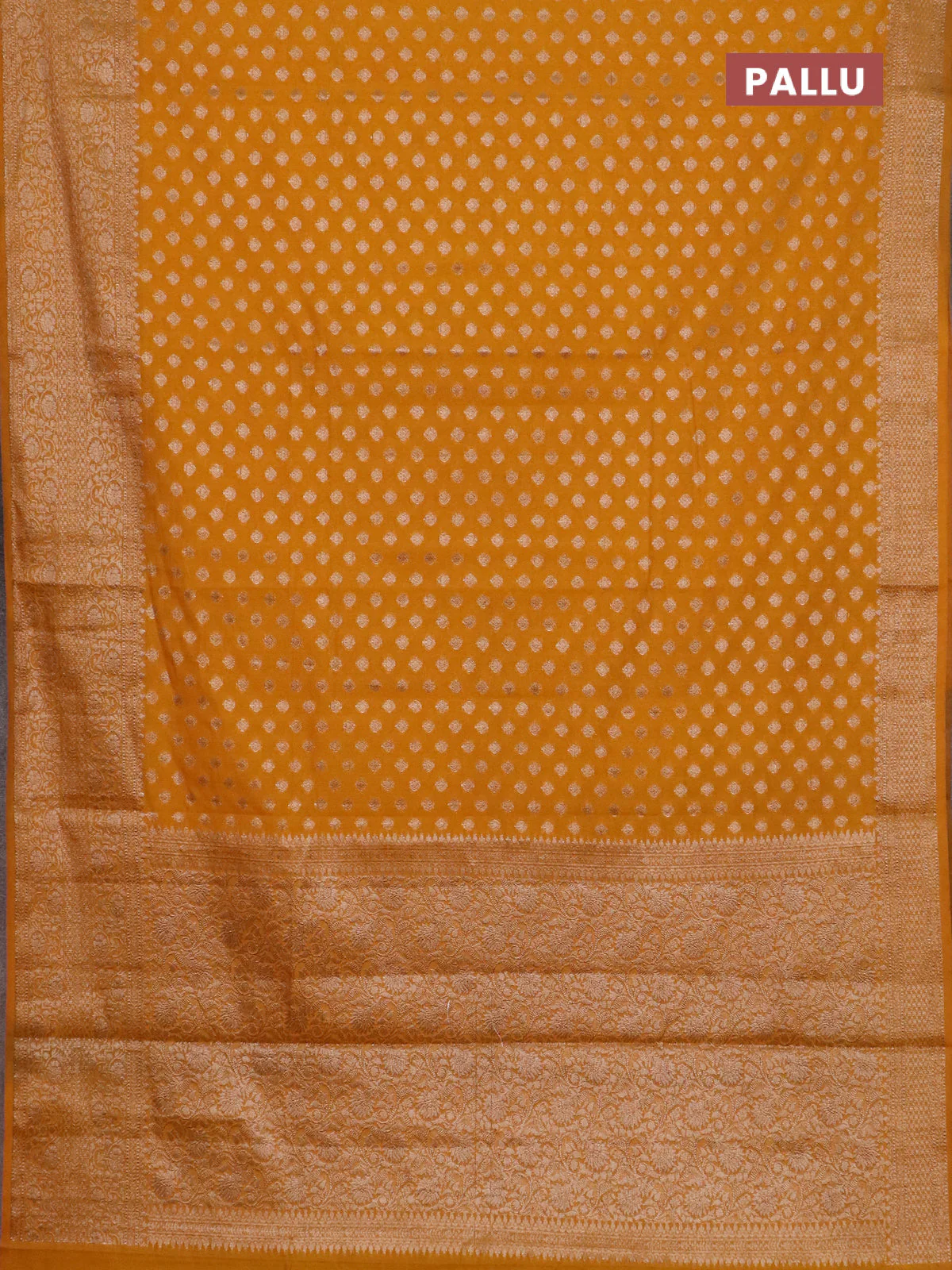 Banarasi semi chiniya saree dark mustard with allover thread & zari woven buttas and woven border - Image 3