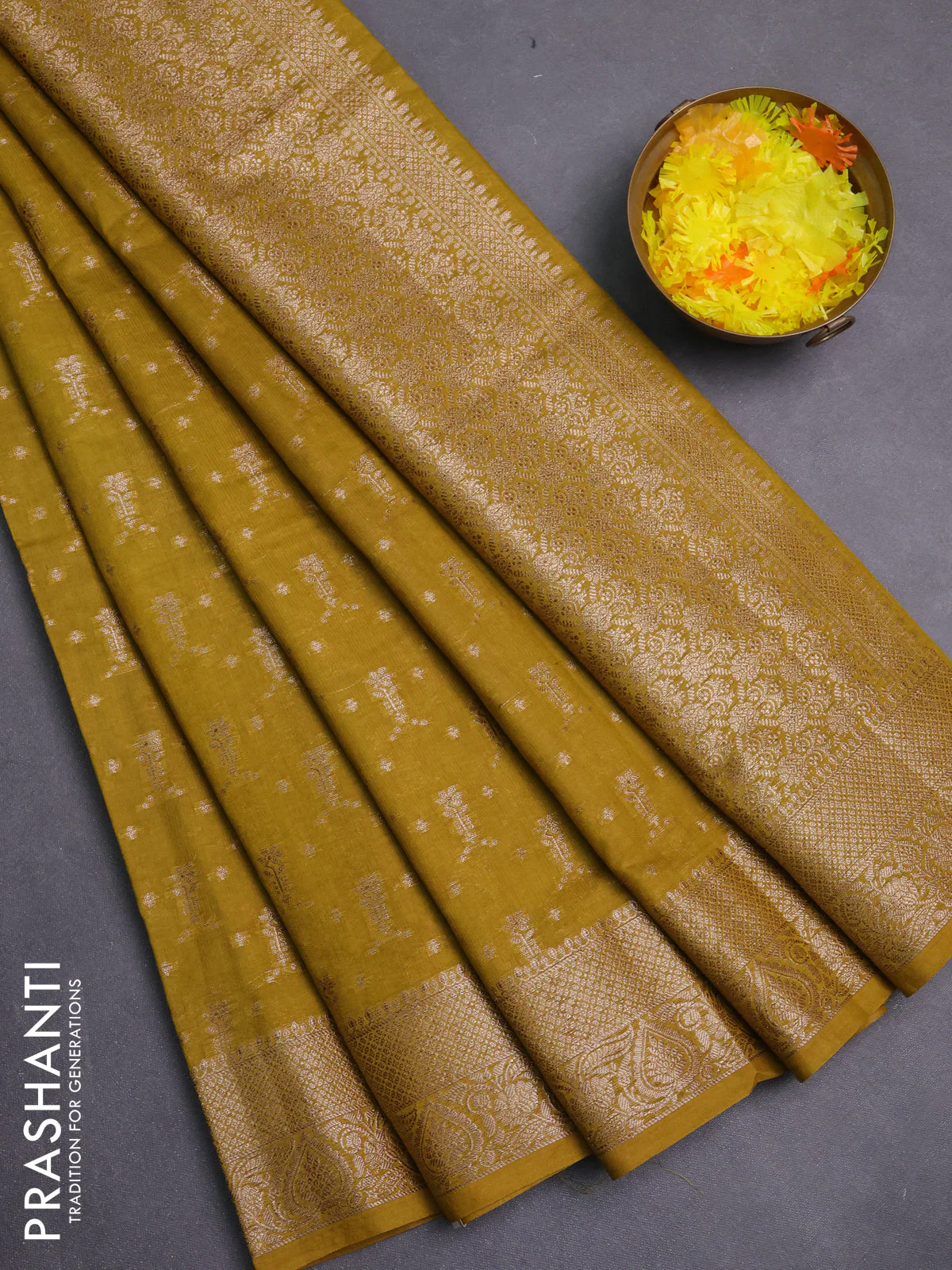 Banarasi semi chiniya saree dark mustard with allover thread & zari woven buttas and woven border
