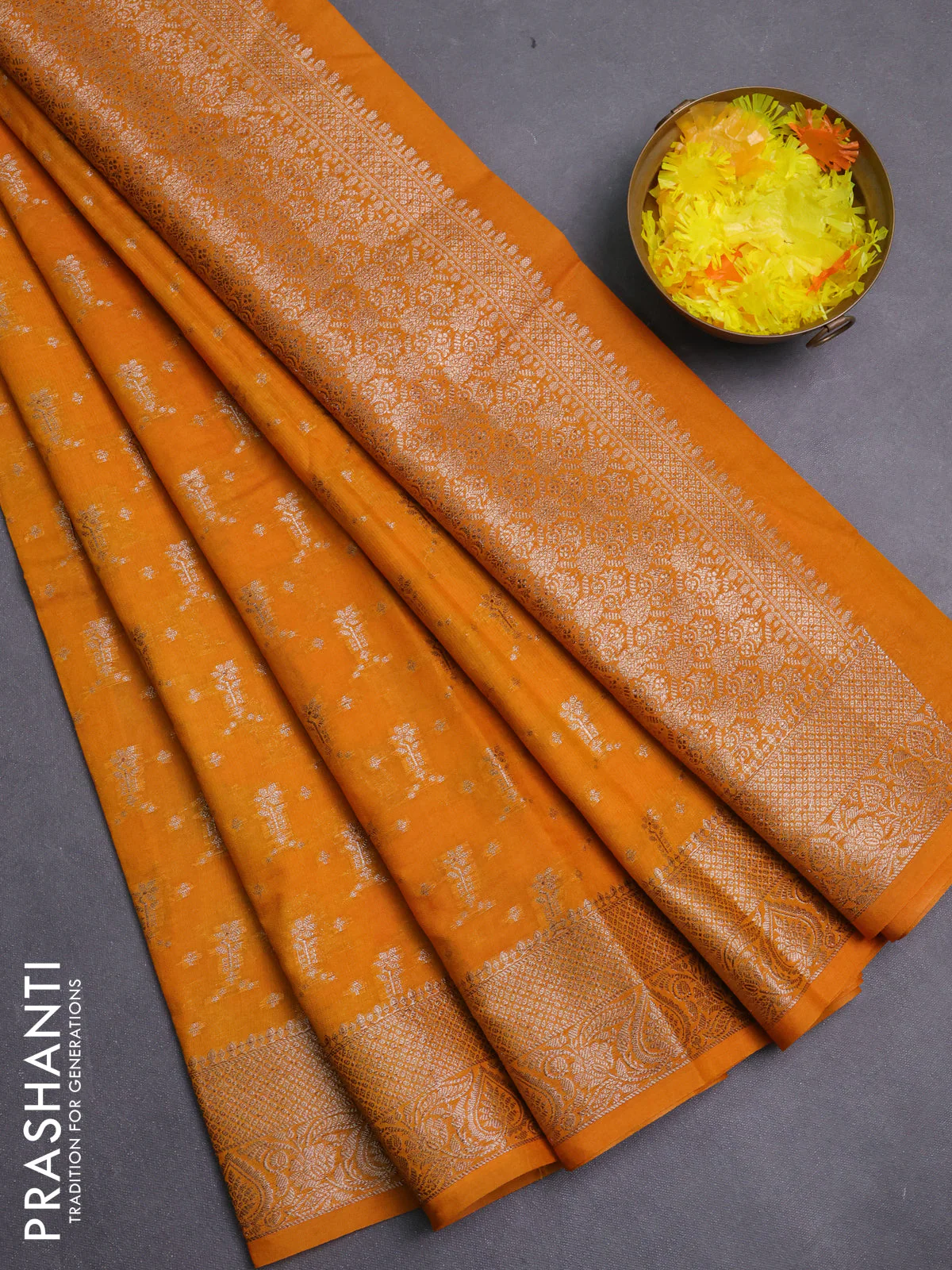 Banarasi semi chiniya saree dark mustard with allover thread & zari woven buttas and woven border