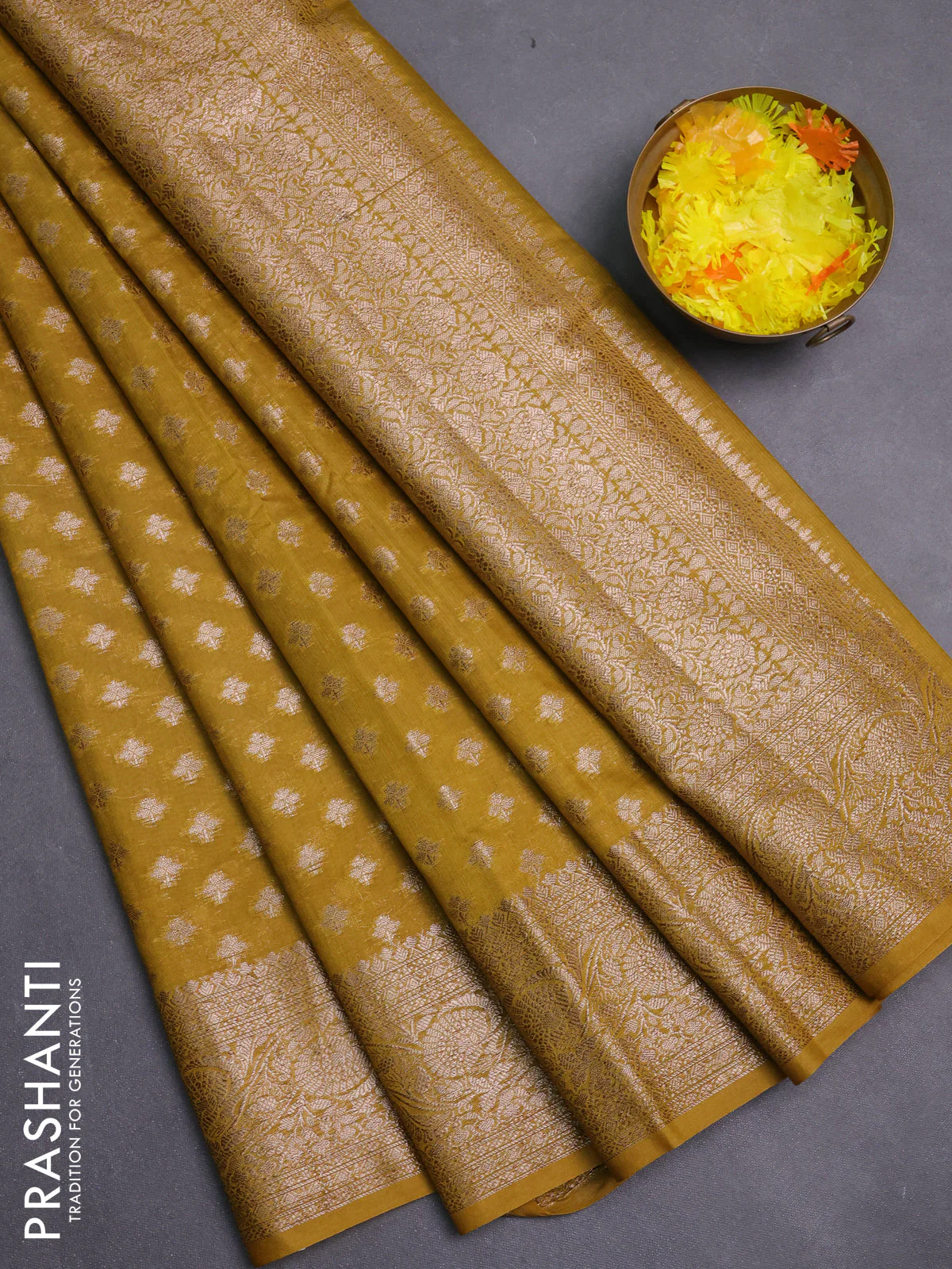 Banarasi semi chiniya saree dark mustard with allover thread & zari woven buttas and woven border