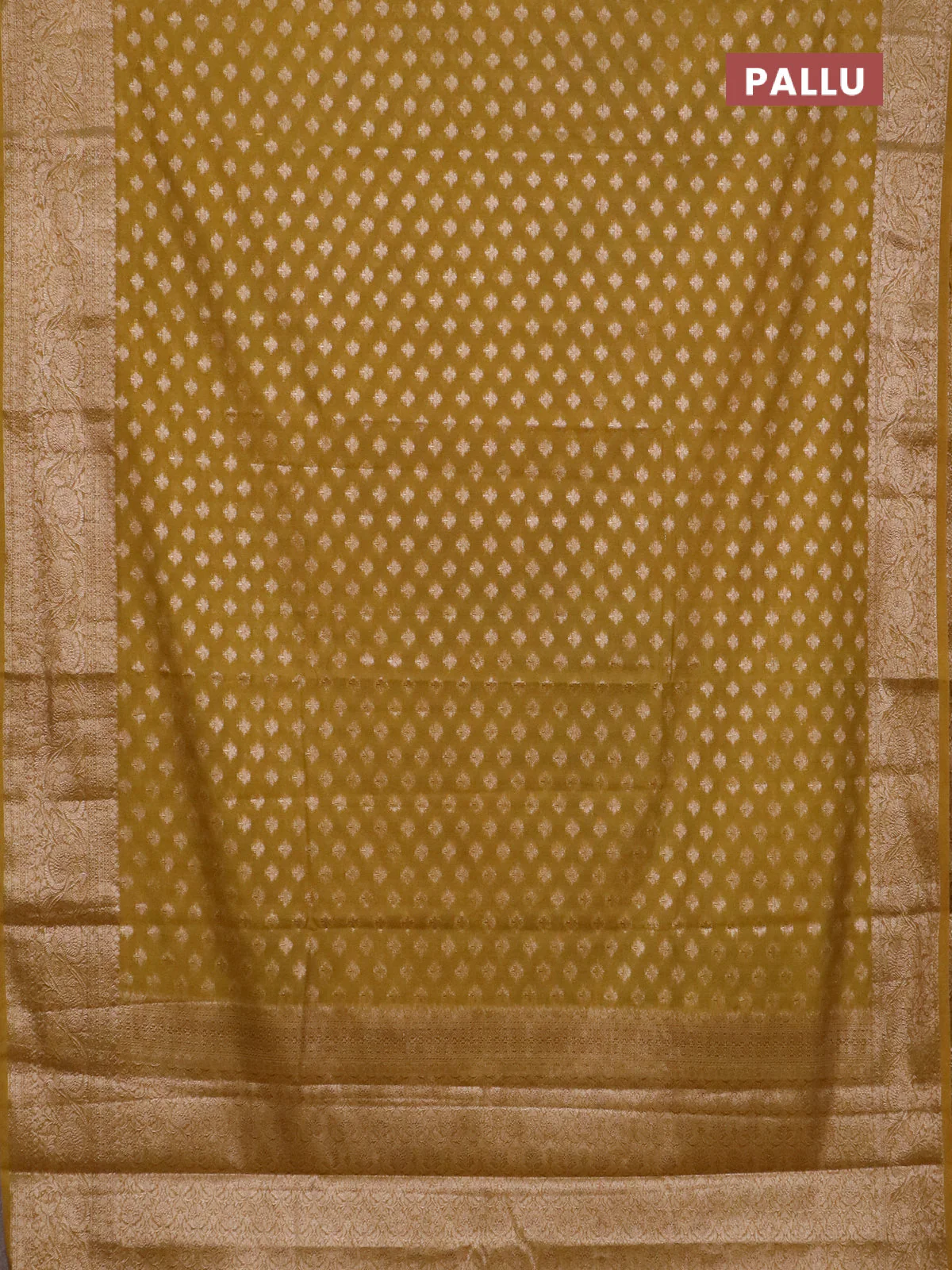 Banarasi semi chiniya saree dark mustard with allover thread & zari woven buttas and woven border - Image 3