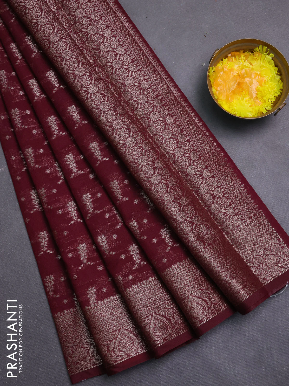 Banarasi semi chiniya saree deep maroon with allover thread & zari weaves and woven border