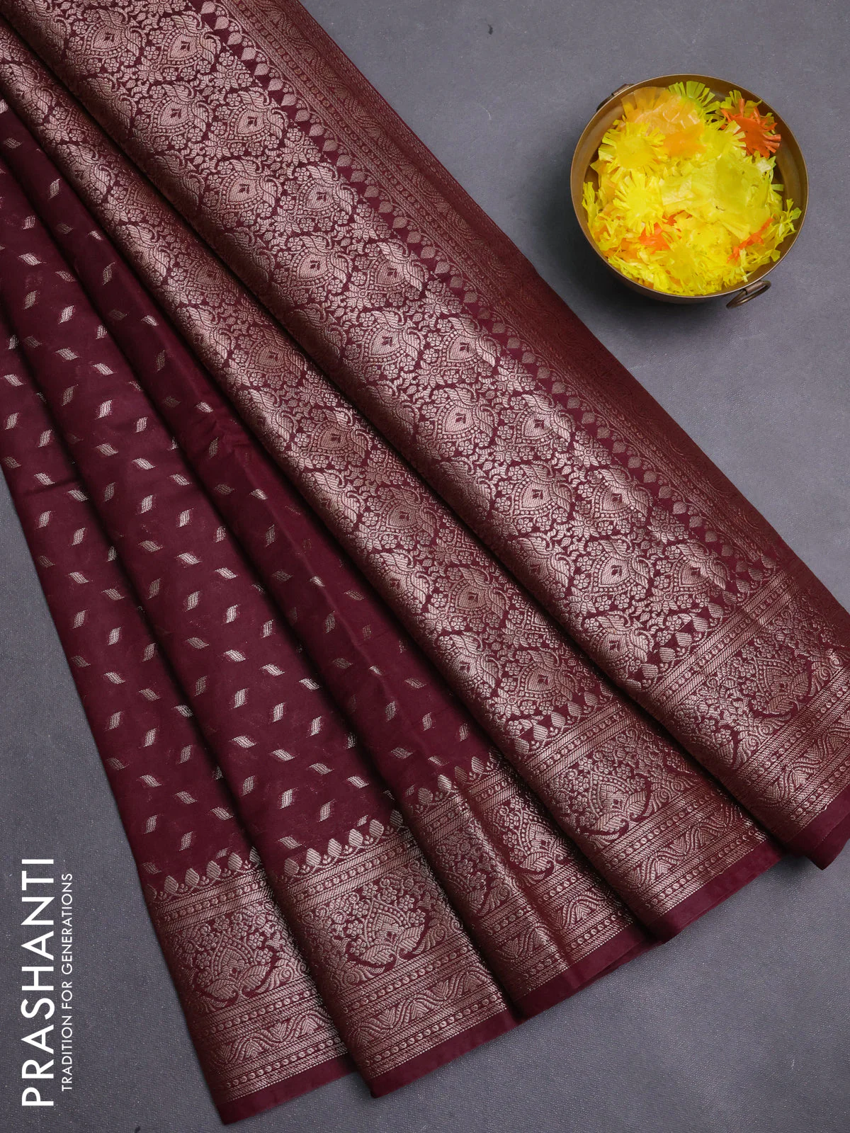 Banarasi semi chiniya saree deep maroon with allover thread & zari woven buttas and woven border