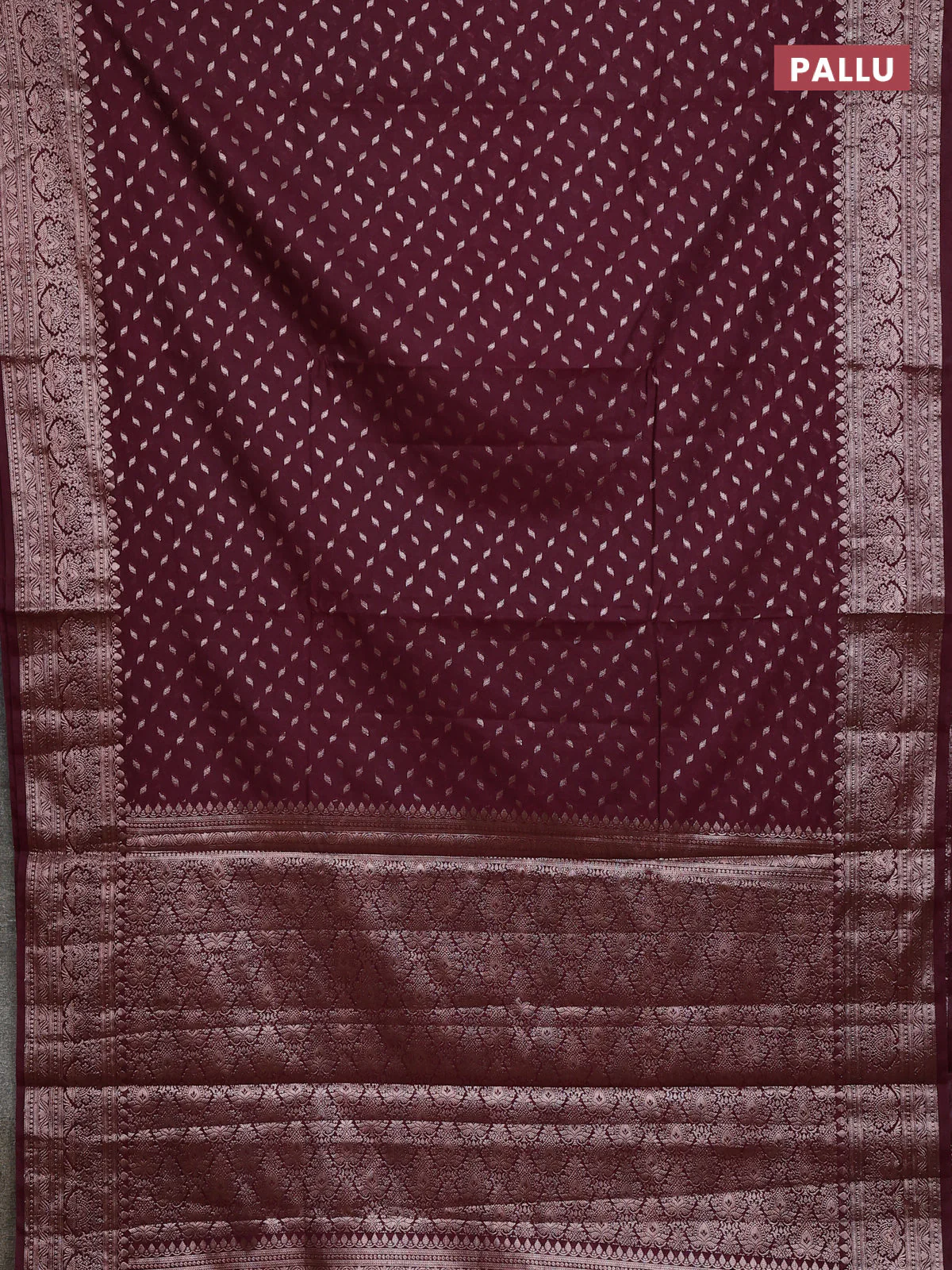 Banarasi semi chiniya saree deep maroon with allover thread & zari woven buttas and woven border - Image 3