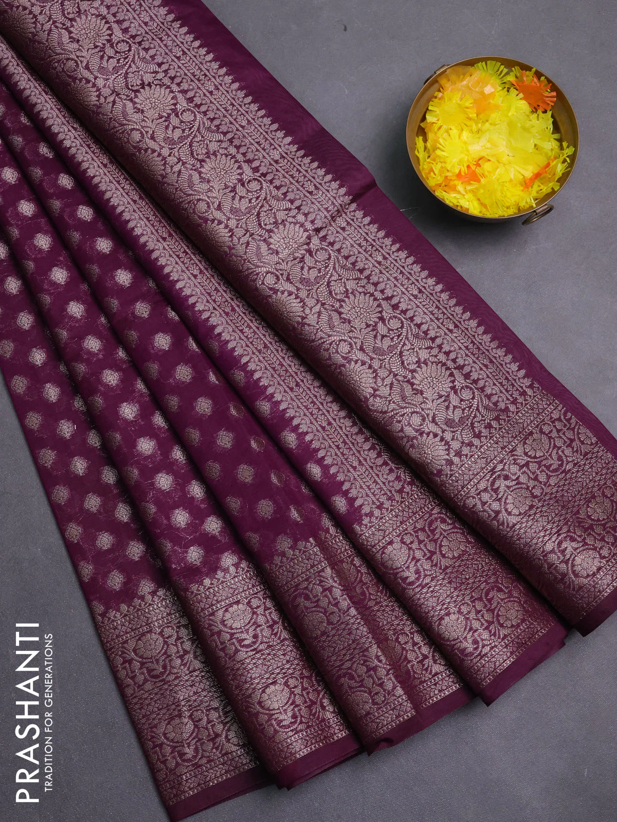 Banarasi semi chiniya saree deep purple with allover thread & zari woven buttas and woven border