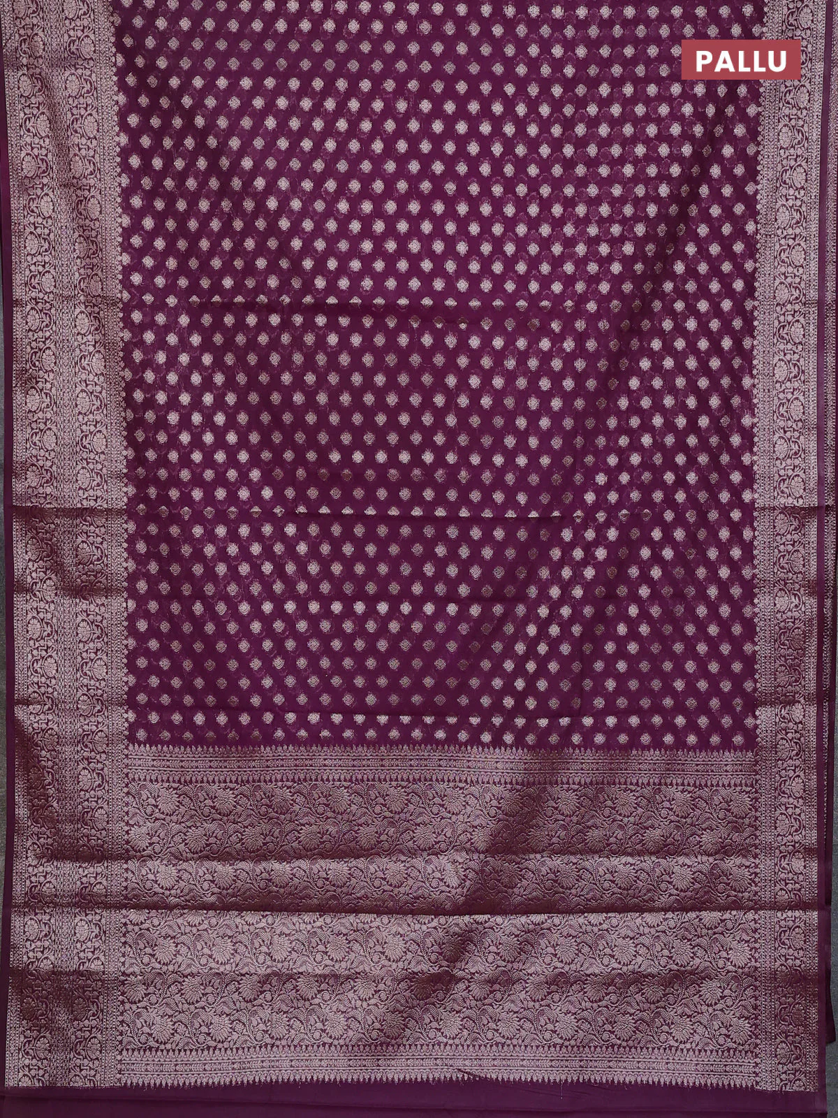 Banarasi semi chiniya saree deep purple with allover thread & zari woven buttas and woven border - Image 3