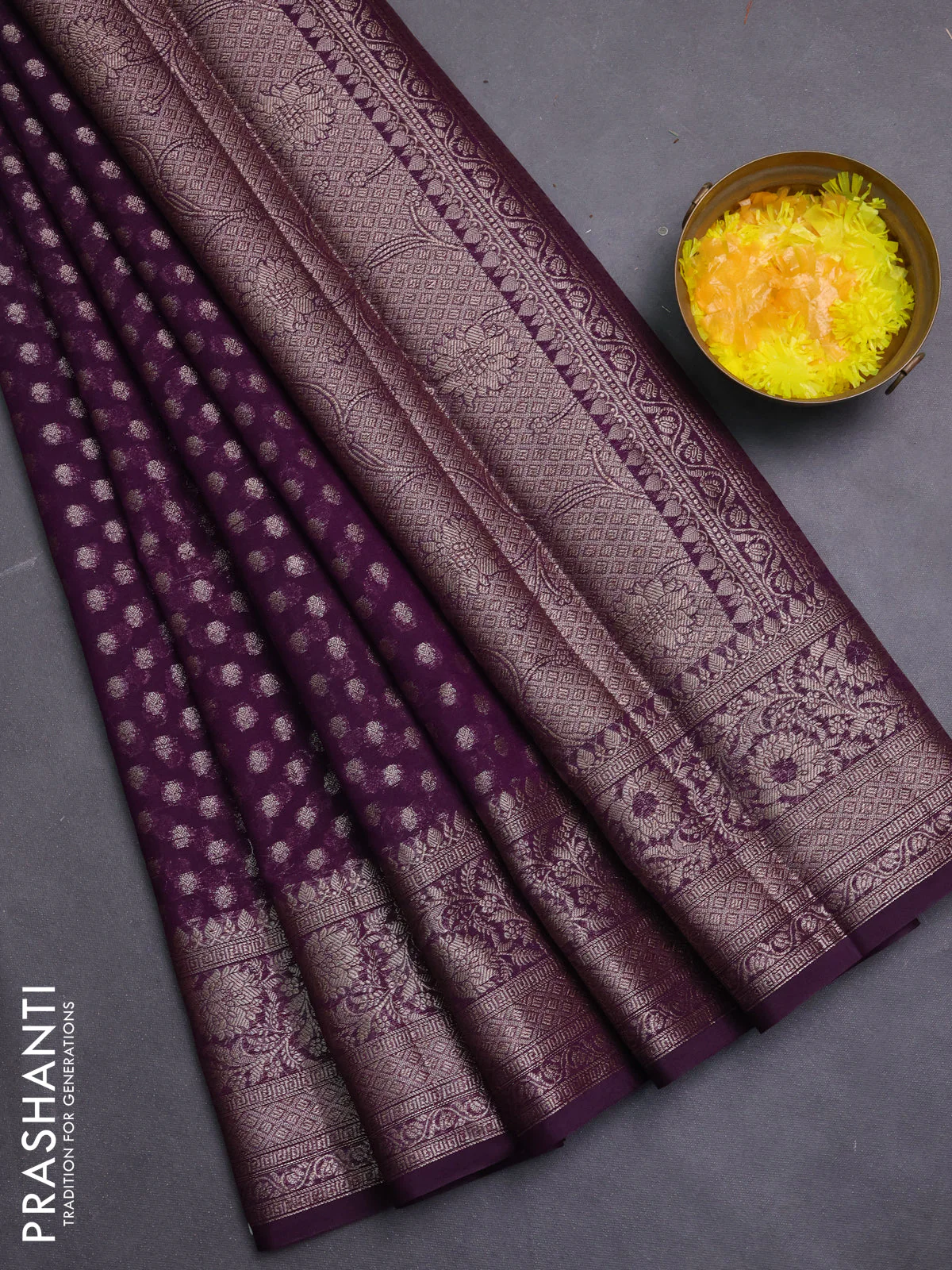 Banarasi semi chiniya saree deep purple with allover thread & zari woven buttas and woven border