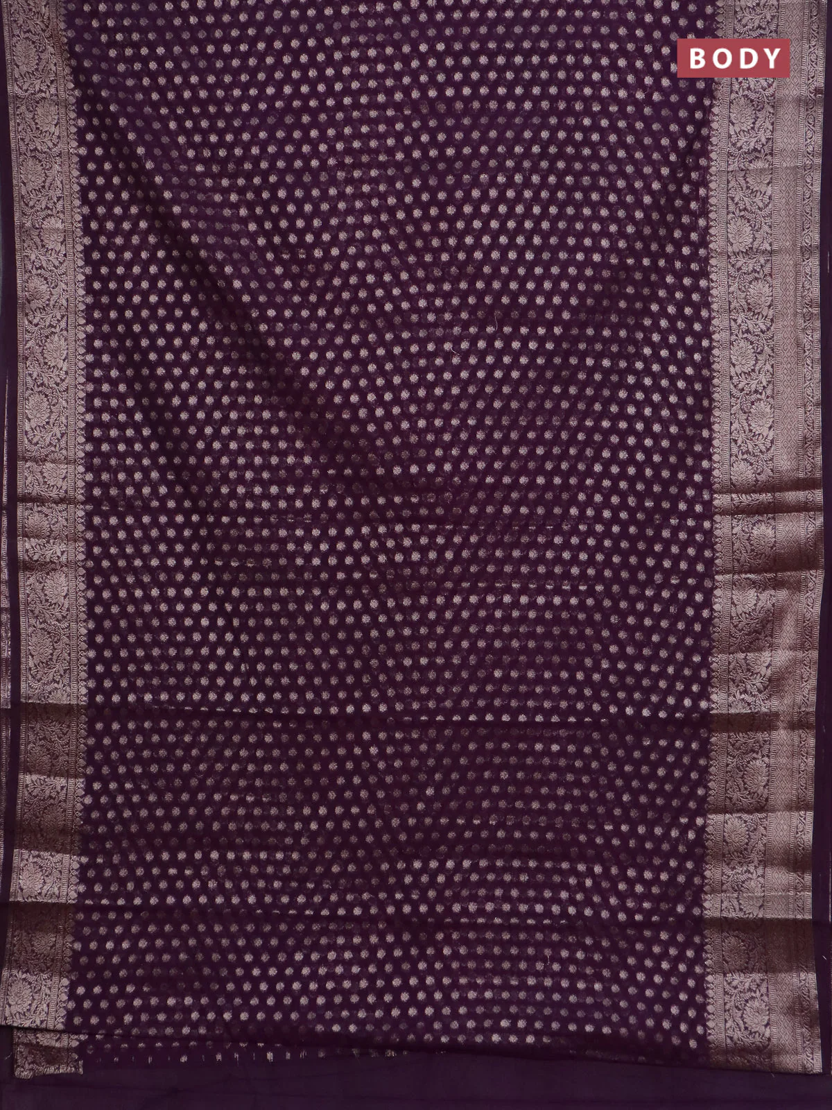 Banarasi semi chiniya saree deep purple with allover thread & zari woven buttas and woven border - Image 2