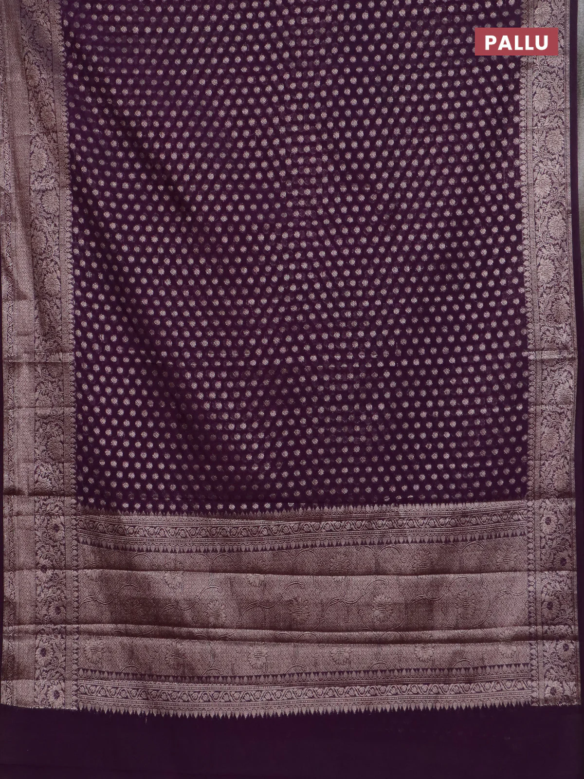 Banarasi semi chiniya saree deep purple with allover thread & zari woven buttas and woven border - Image 3