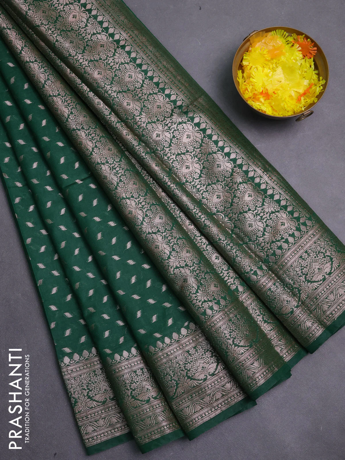 Banarasi semi chiniya saree green with allover thread & zari woven buttas and woven border