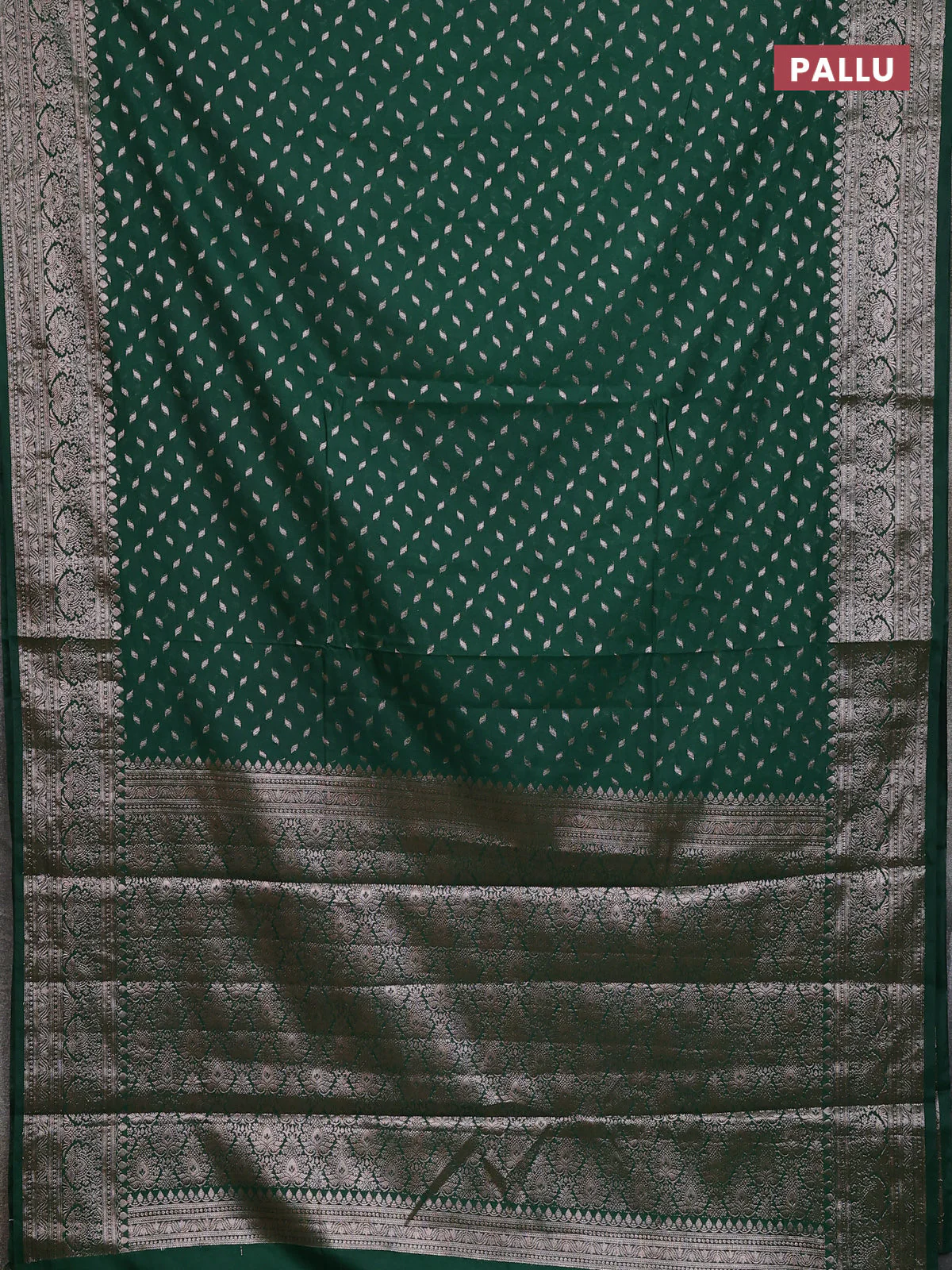 Banarasi semi chiniya saree green with allover thread & zari woven buttas and woven border - Image 3