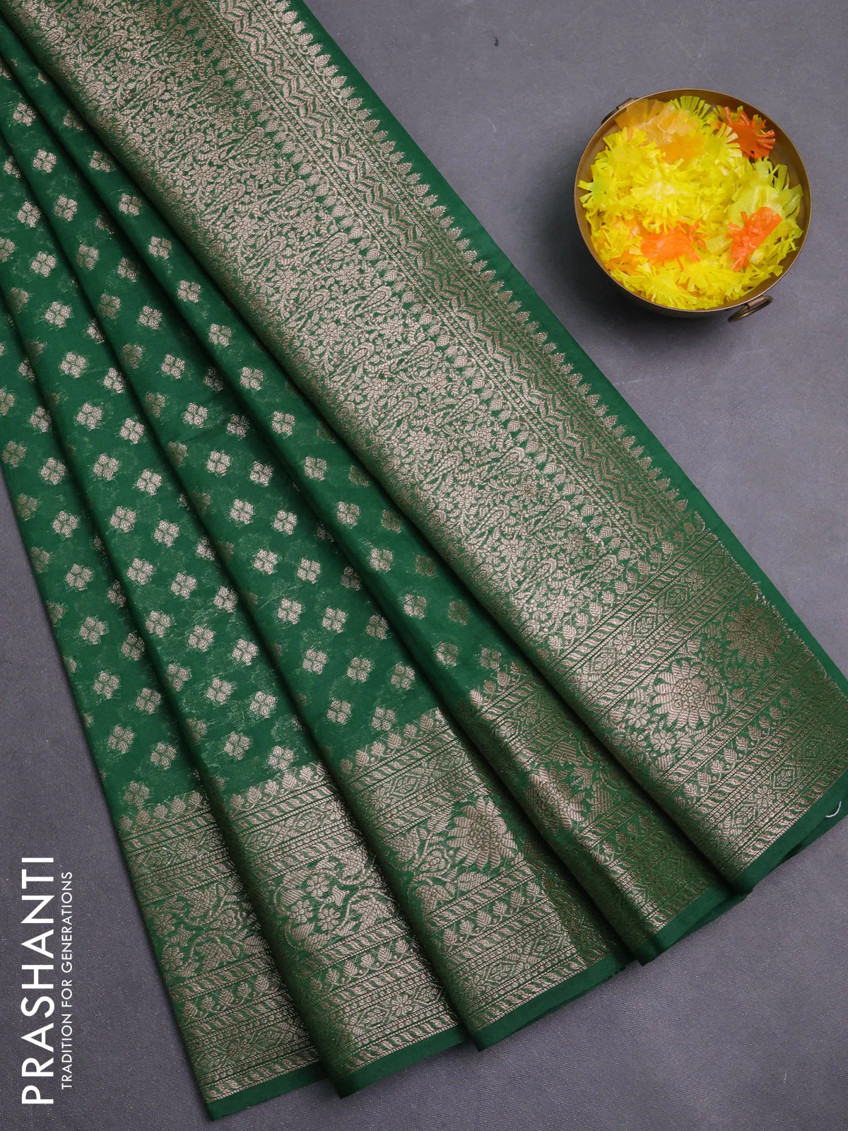 Banarasi semi chiniya saree green with allover thread & zari woven buttas and woven border