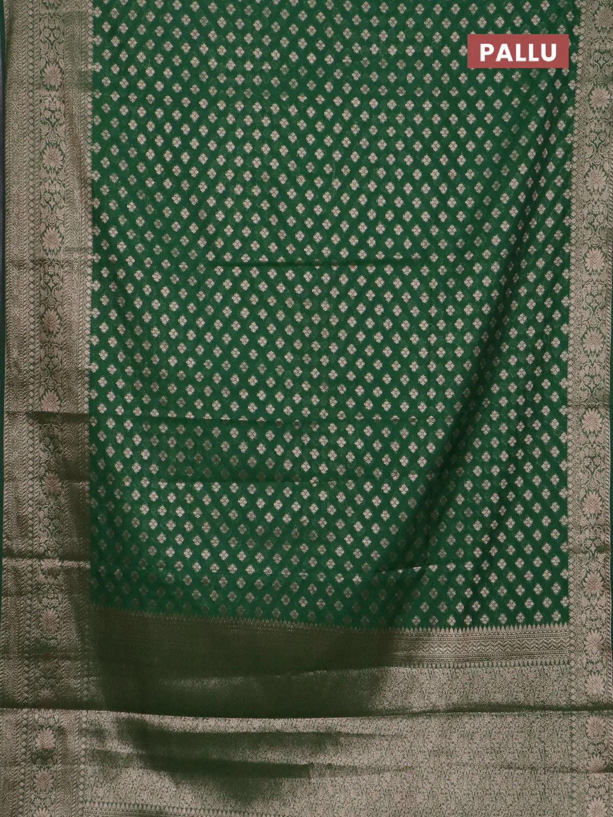 Banarasi semi chiniya saree green with allover thread & zari woven buttas and woven border - Image 3