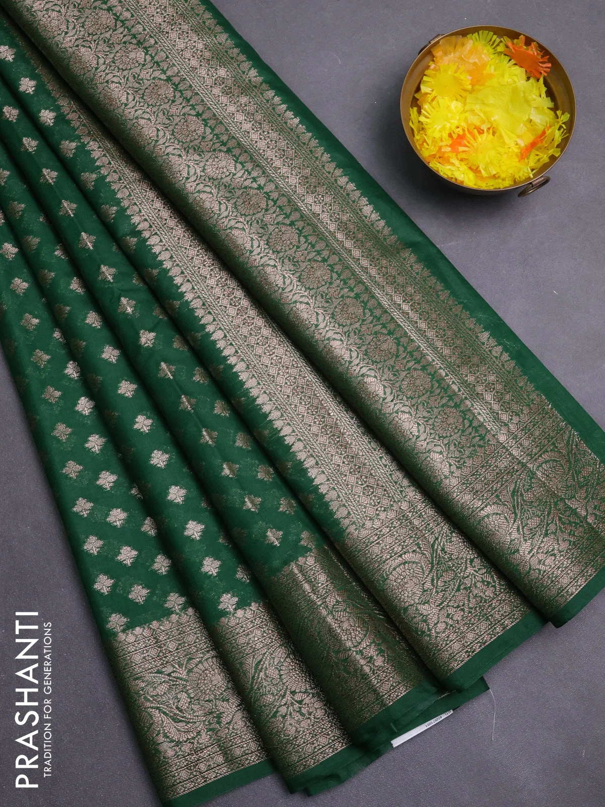 Banarasi semi chiniya saree green with allover thread & zari woven buttas and woven border